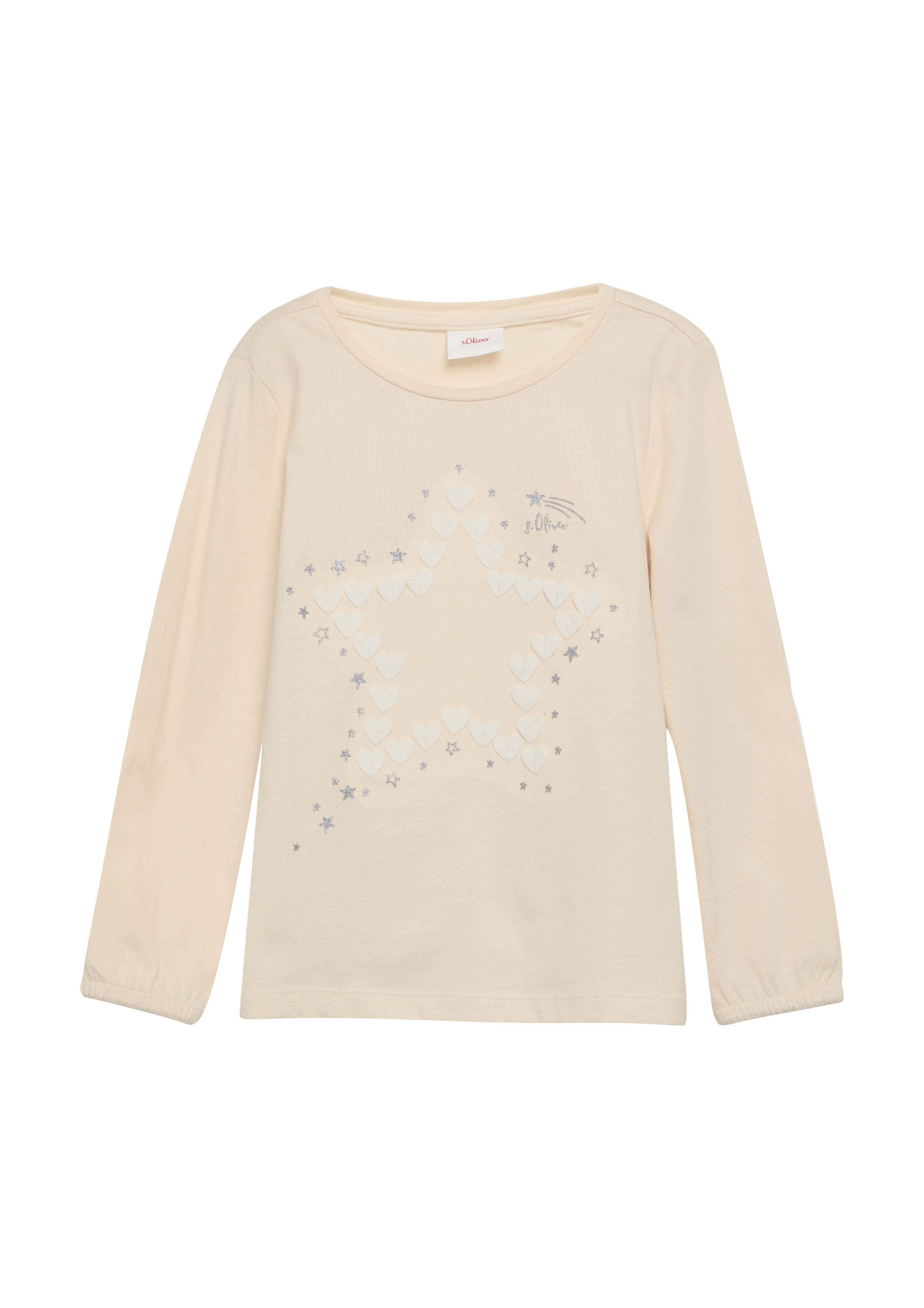 s.Oliver - Langarmshirt mit Glitter-Print und Chiffon-Applikation, Kinder, Beige