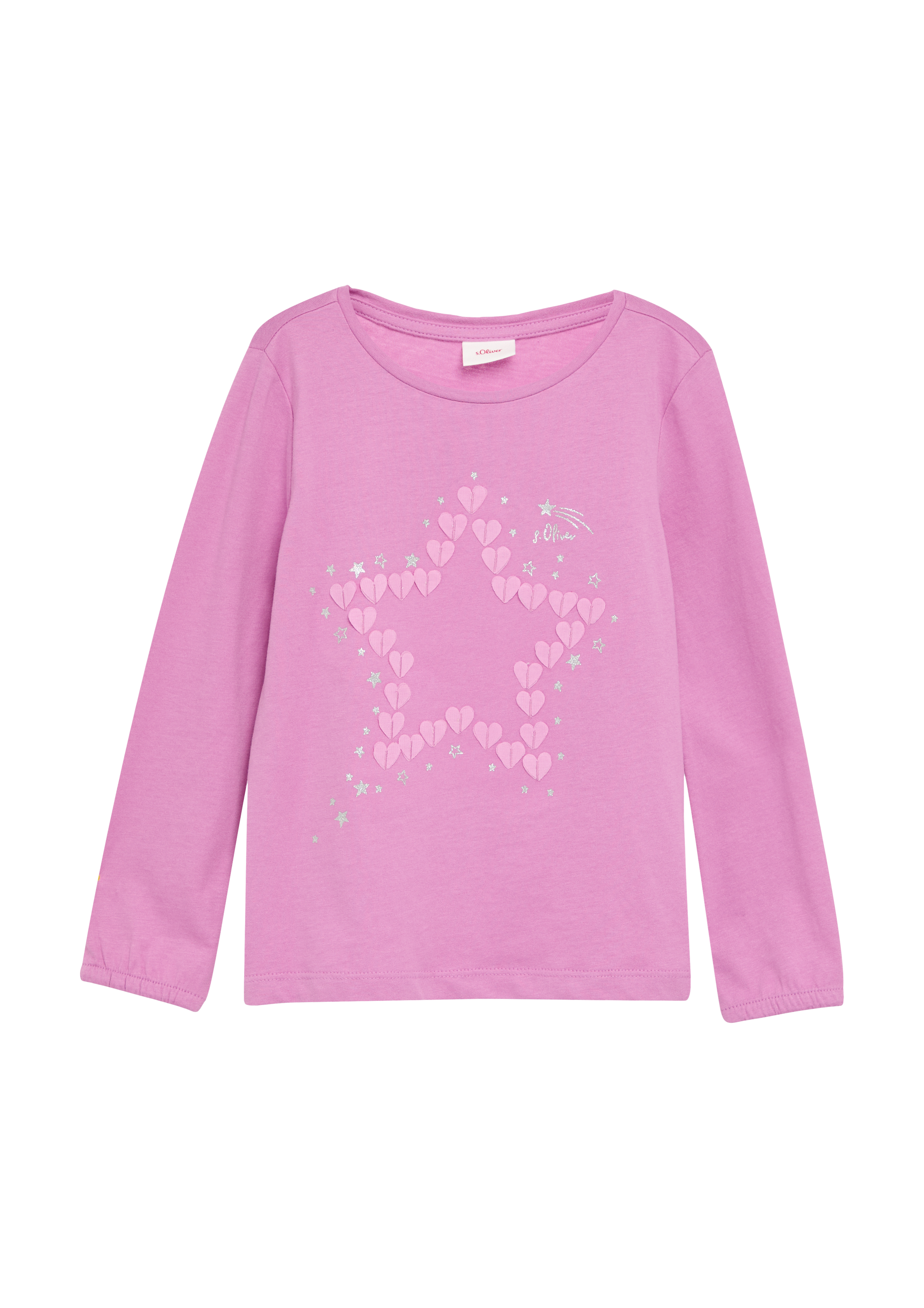 s.Oliver - Langarmshirt mit Glitter-Print und Chiffon-Applikation, Kinder, Rosa