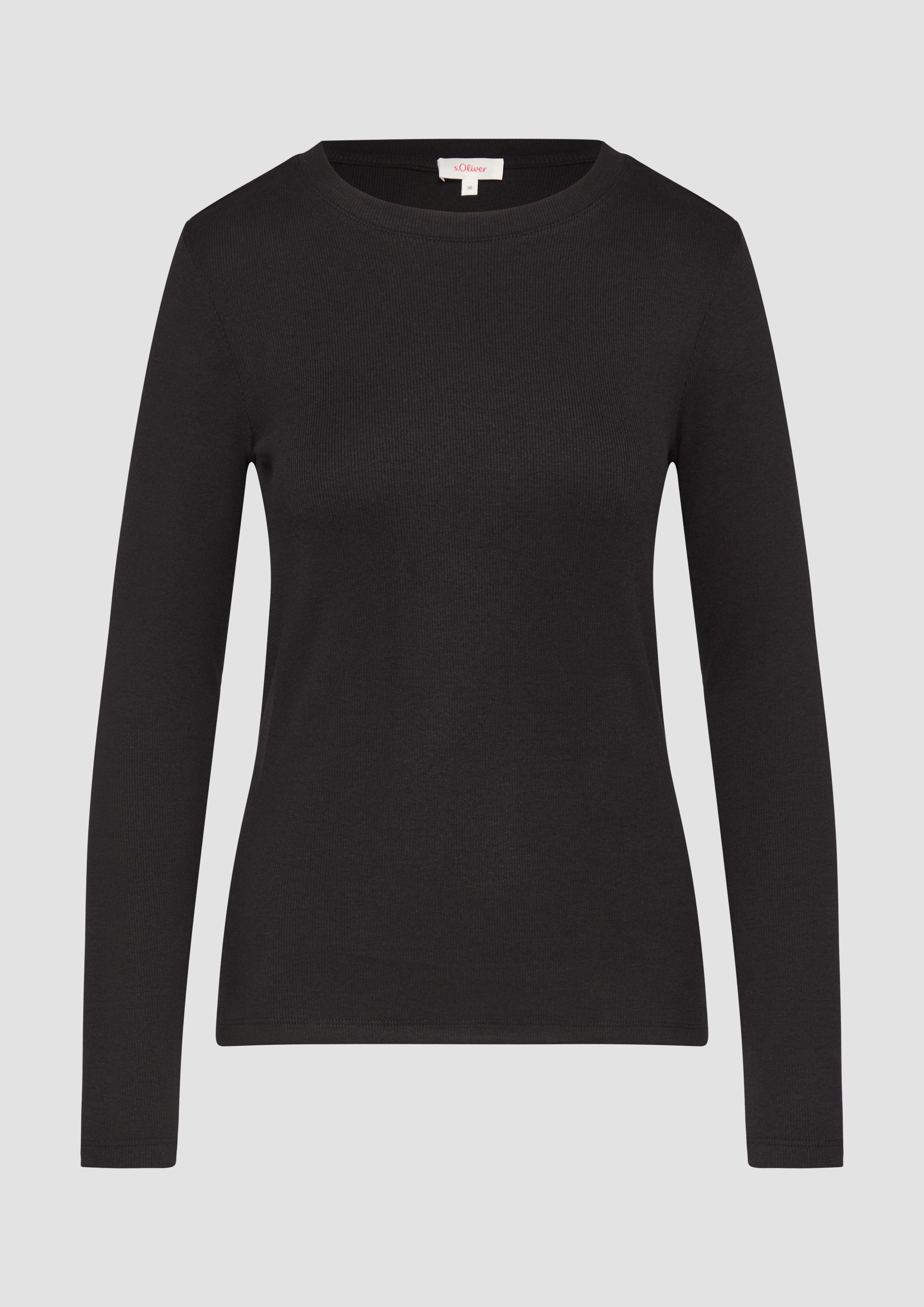 s.Oliver - Geripptes Langarmshirt im Slim Fit, Damen, schwarz