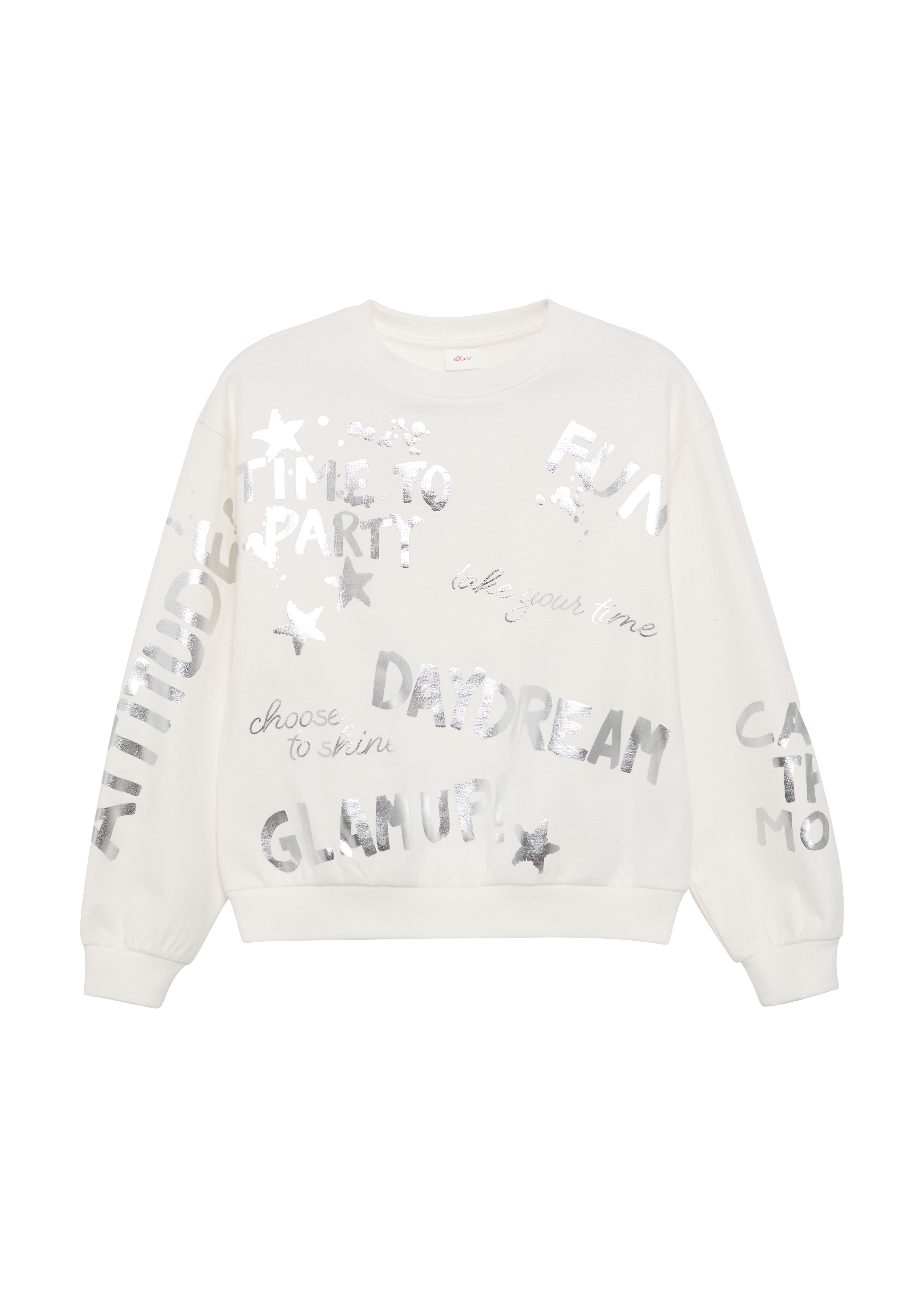 s.Oliver - Oversized Sweatshirt mit silbernem All-over-Print, Mädchen, creme