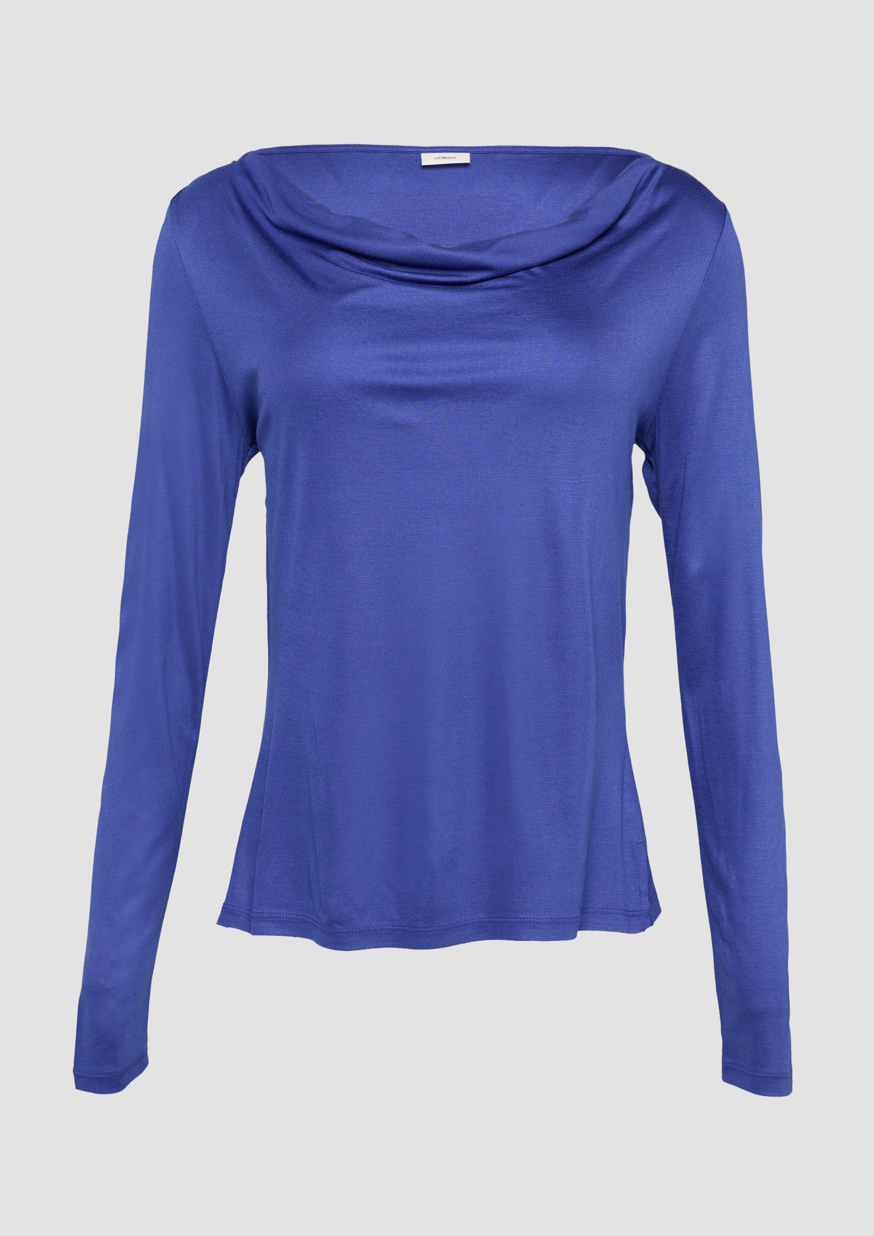 s.Oliver - Seitlich geschlitztes Jersey-Shirt mit Wasserfall-Ausschnitt, Damen, blau