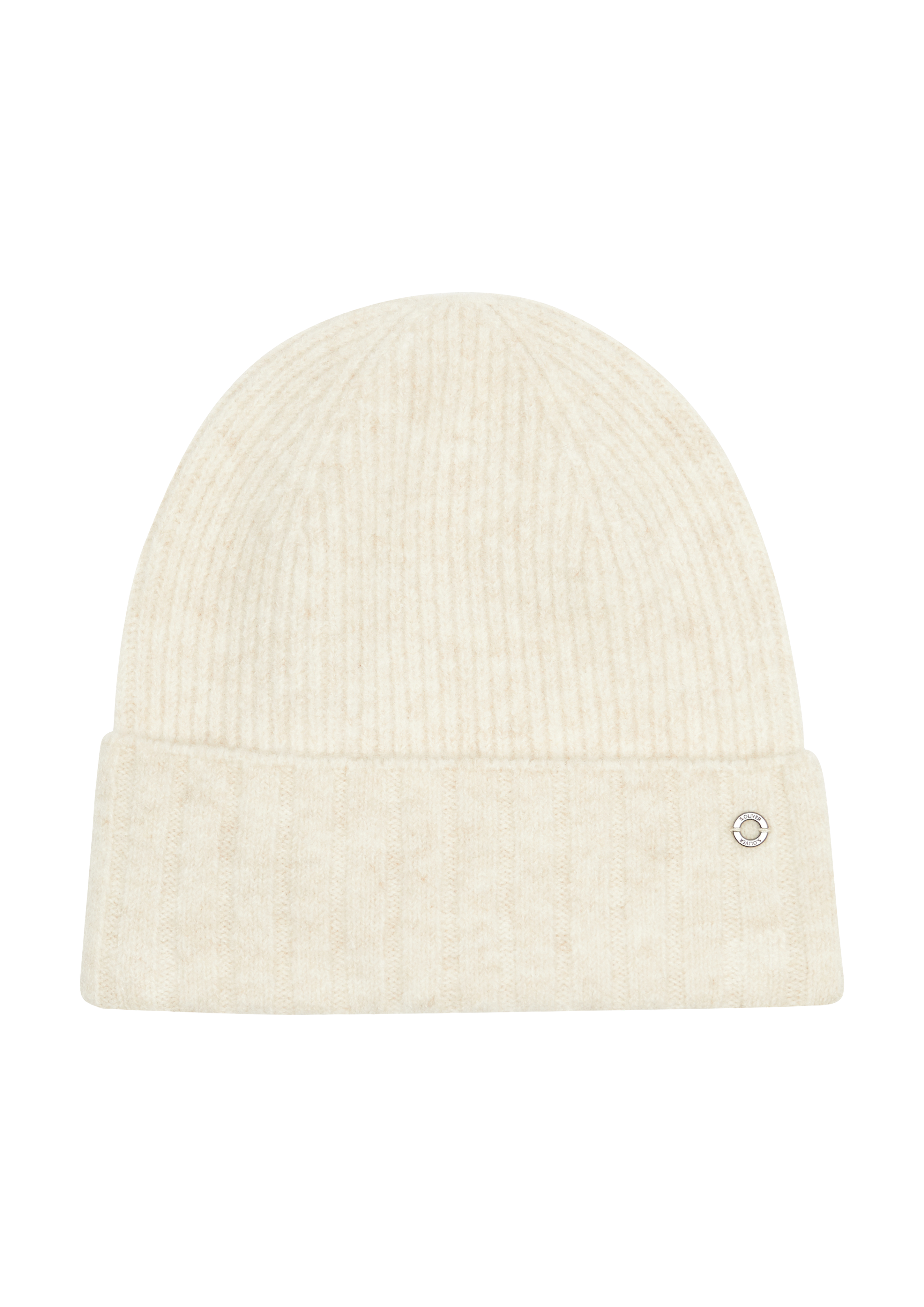 s.Oliver - Strickbeanie aus Wollmix mit Logo-Detail, Damen, Beige