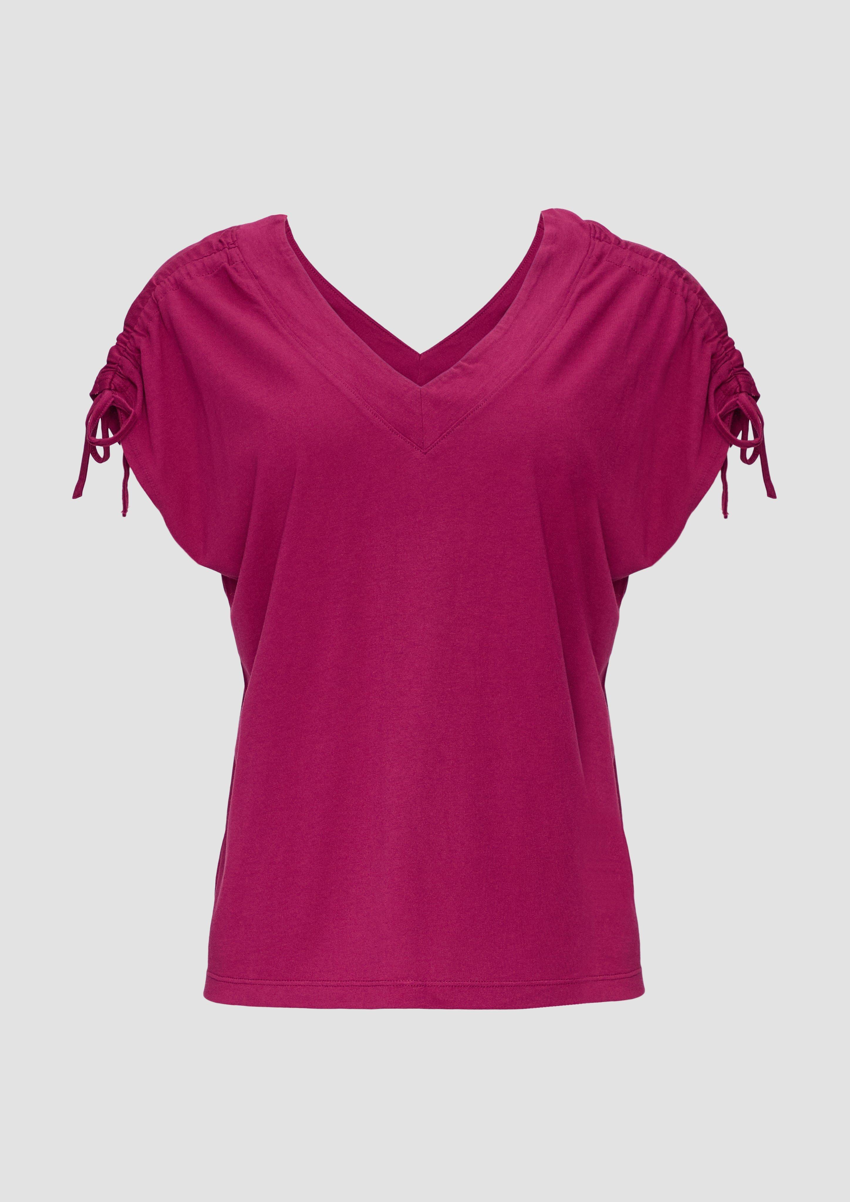 s.Oliver - V-Neck Shirt mit Raffung an den Schultern, Damen, Rosa