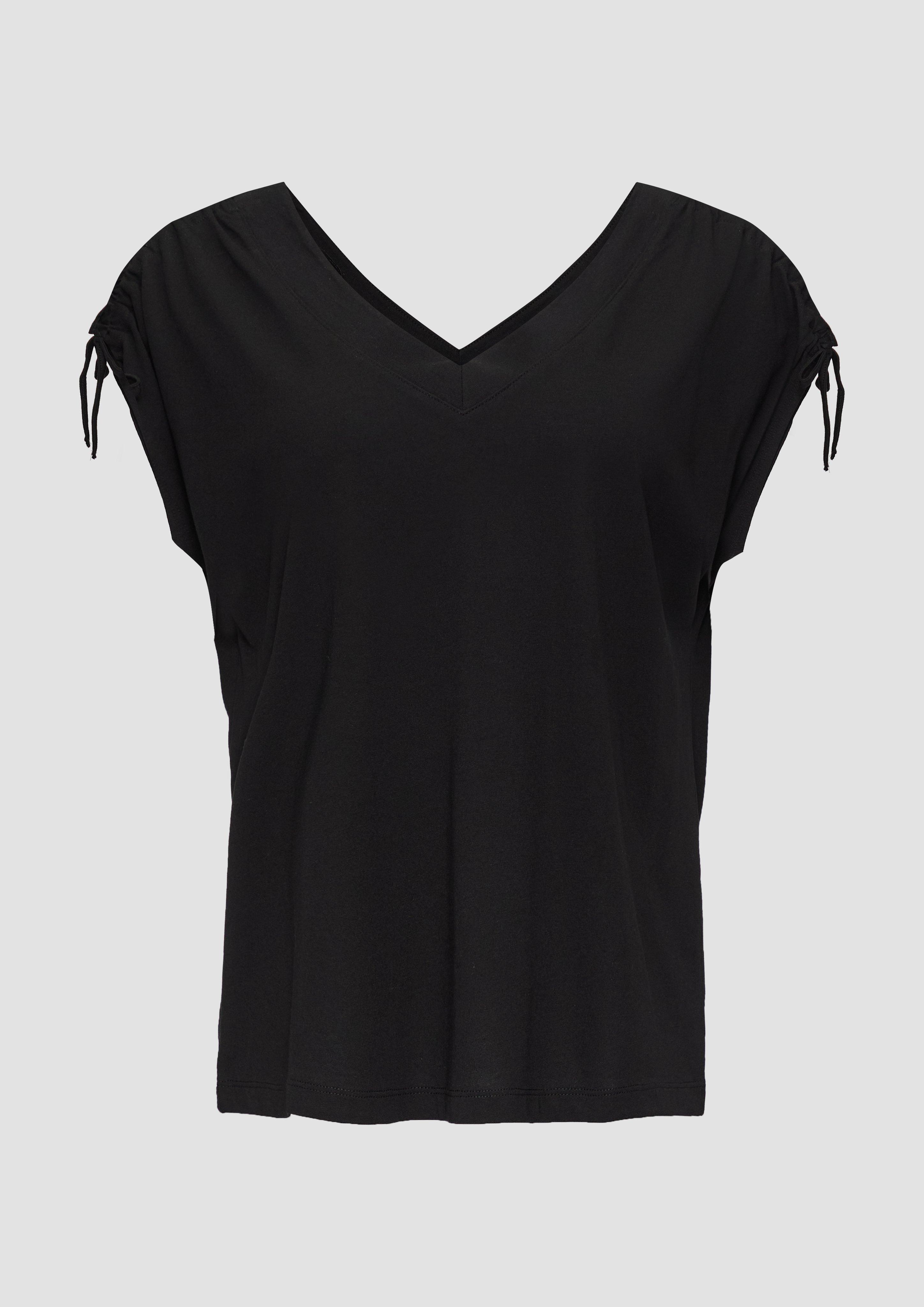 s.Oliver - V-Neck Shirt mit Raffung an den Schultern, Damen, schwarz