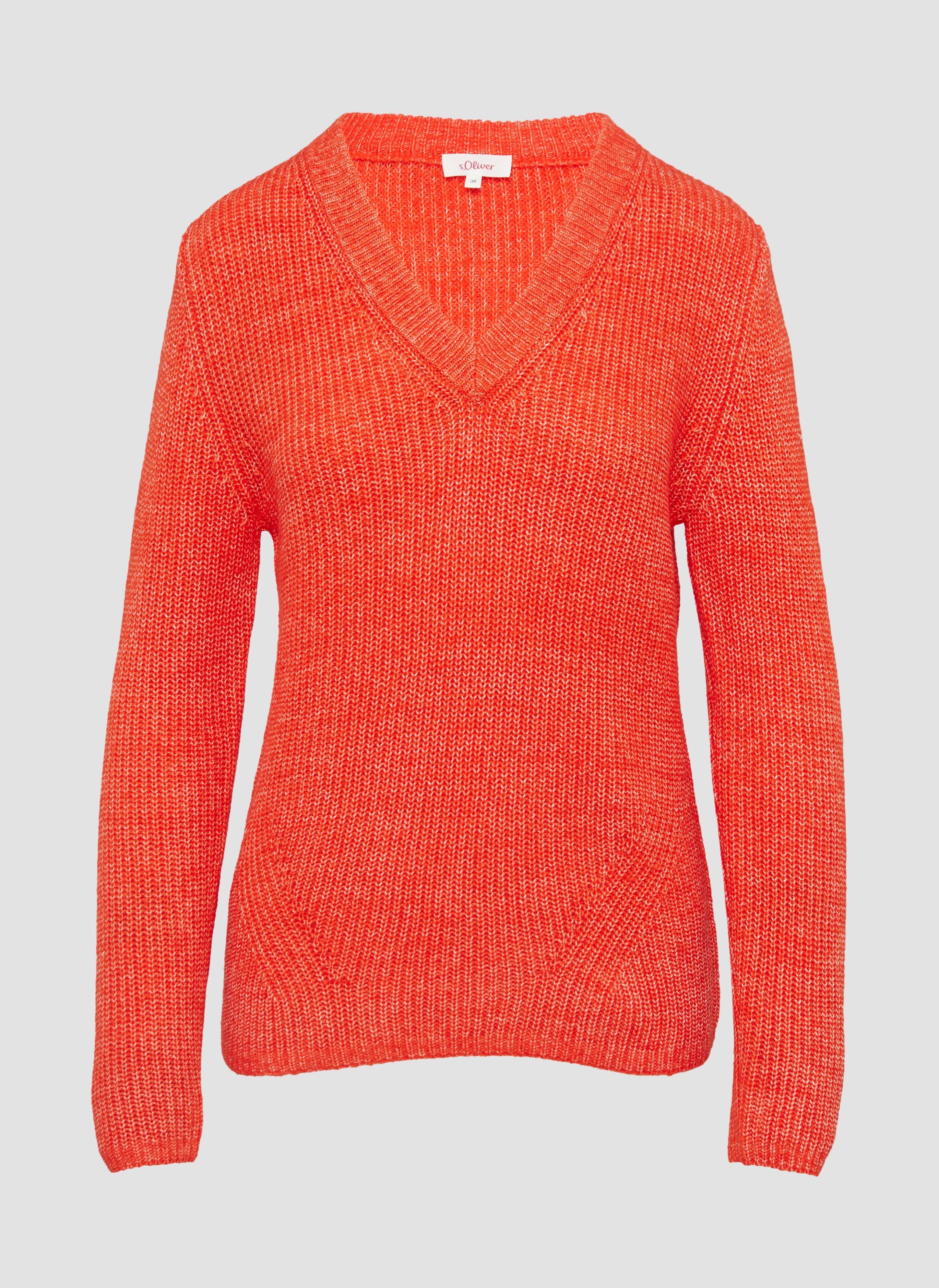 s.Oliver - Strickpullover mit V-Ausschnitt und Rippblende, Damen, Orange