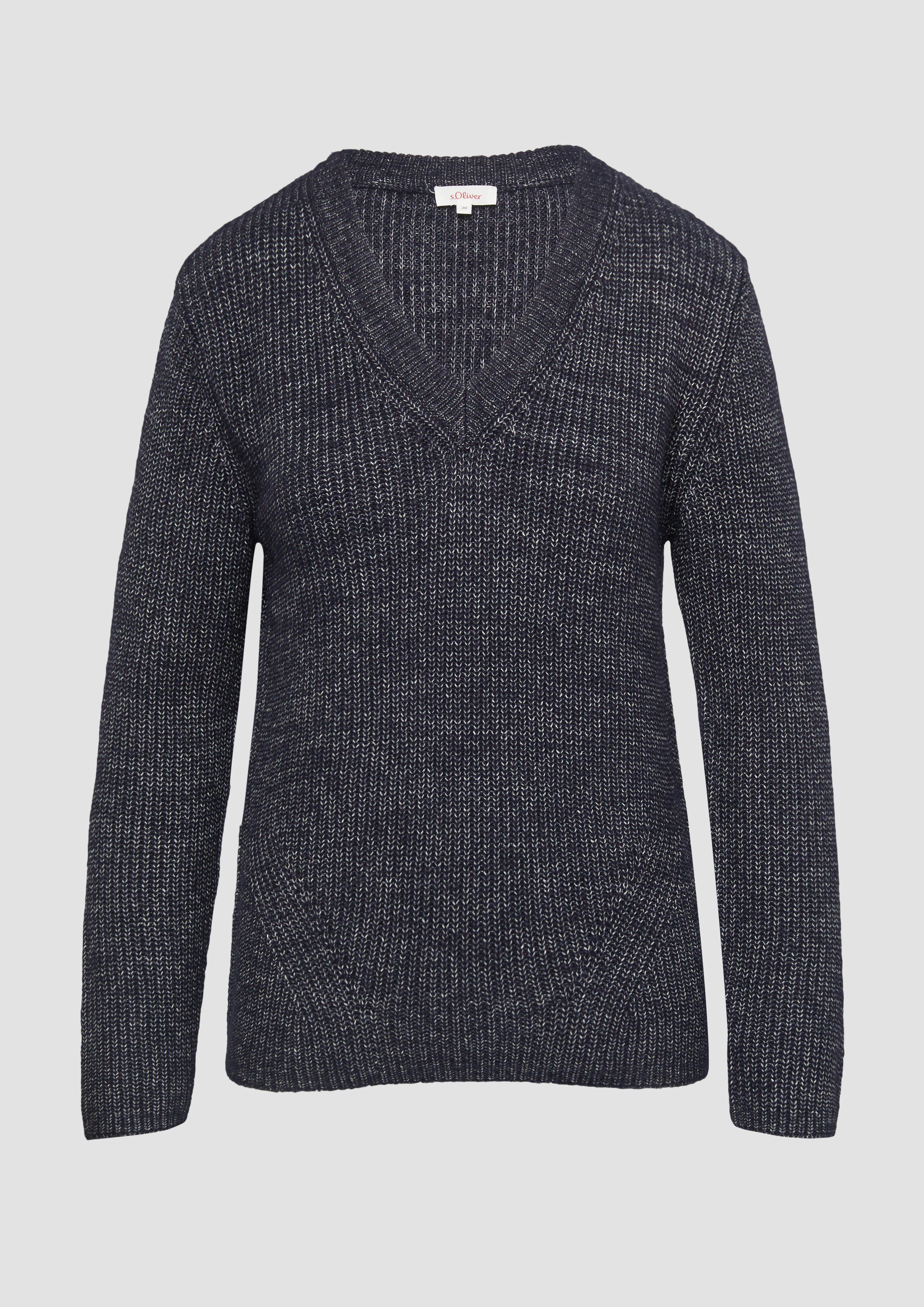 s.Oliver - Strickpullover mit V-Ausschnitt und Rippblende, Damen, blau