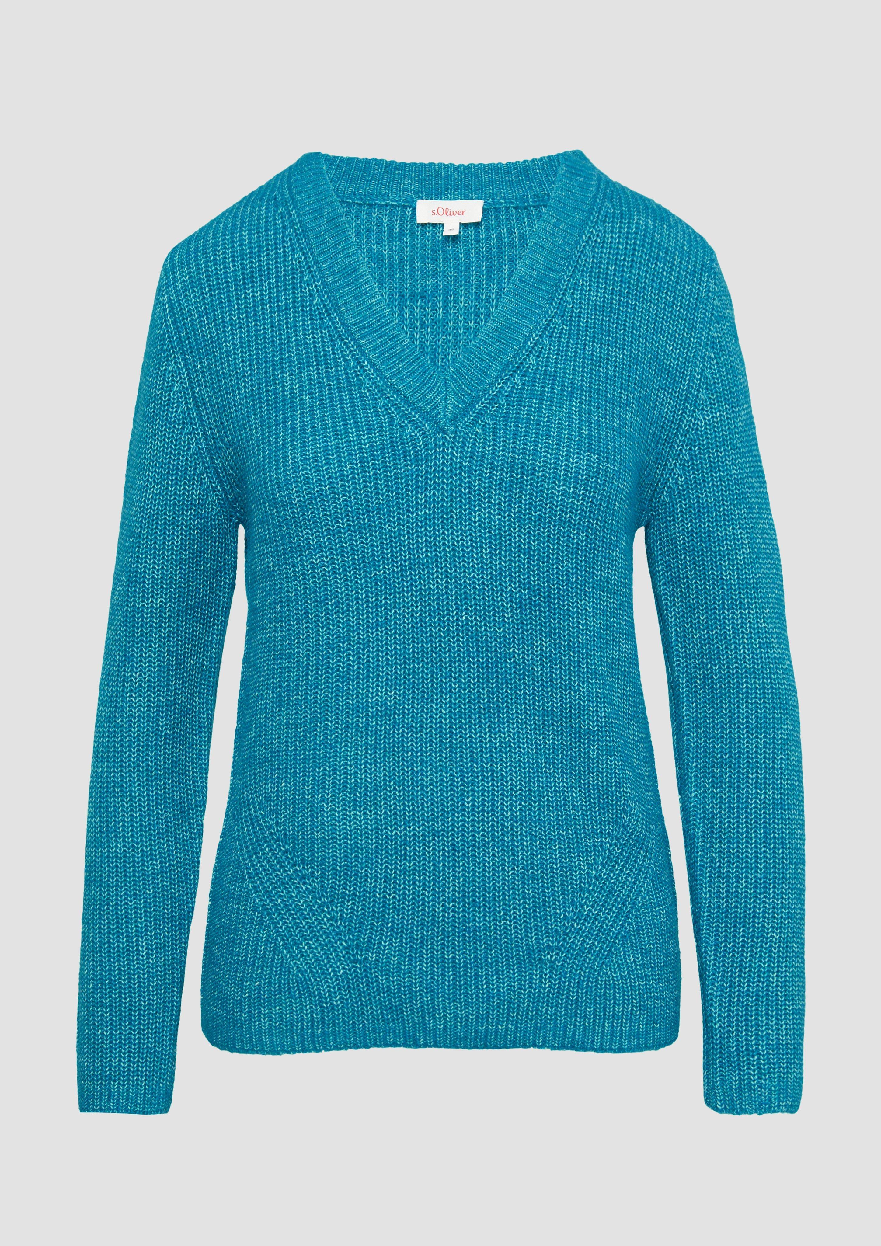 s.Oliver - Strickpullover mit V-Ausschnitt und Rippblende, Damen, Blau