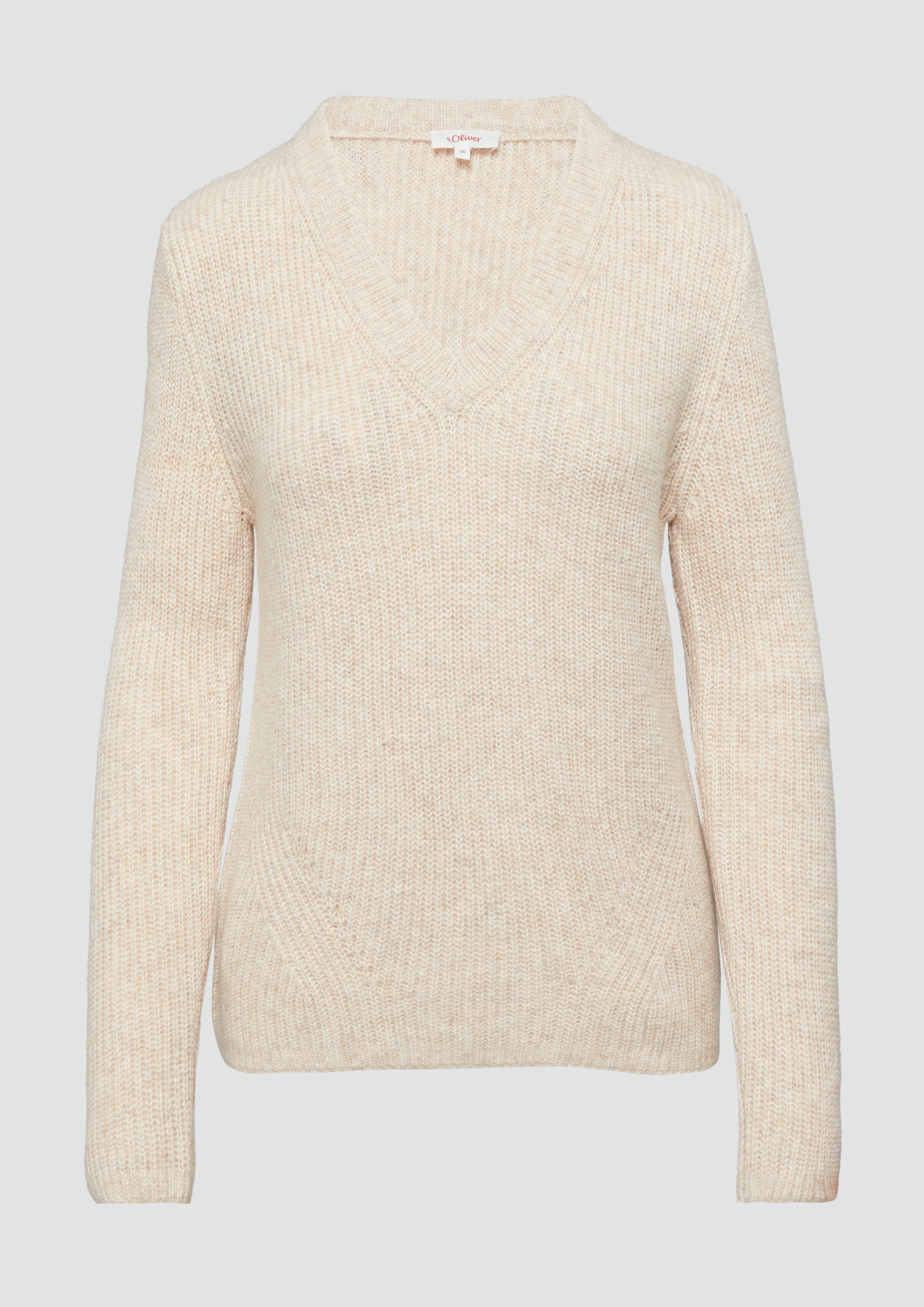 s.Oliver - Strickpullover mit V-Ausschnitt und Rippblende, Damen, Beige