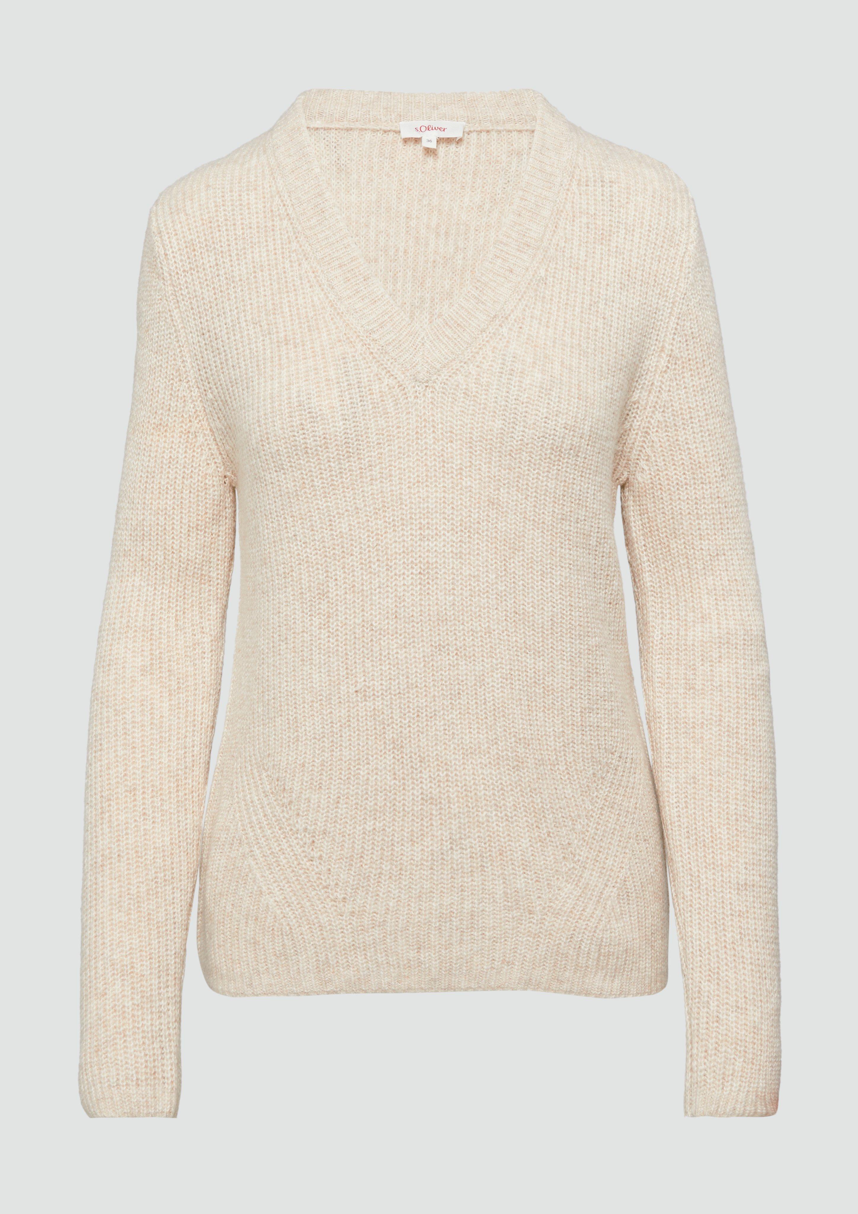 s.Oliver - Strickpullover mit V-Ausschnitt und Rippblende, Damen, Beige