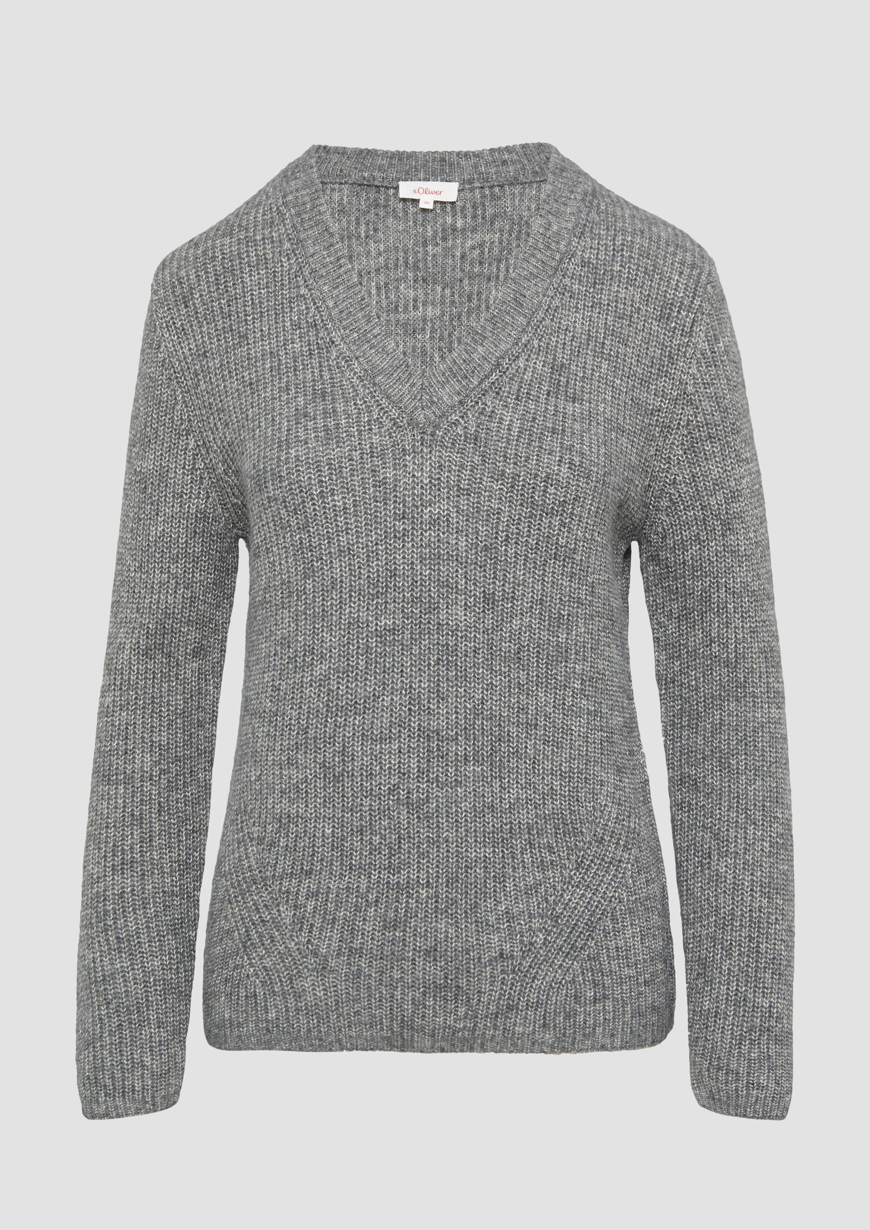 s.Oliver - Strickpullover mit V-Ausschnitt und Rippblende, Damen, grau