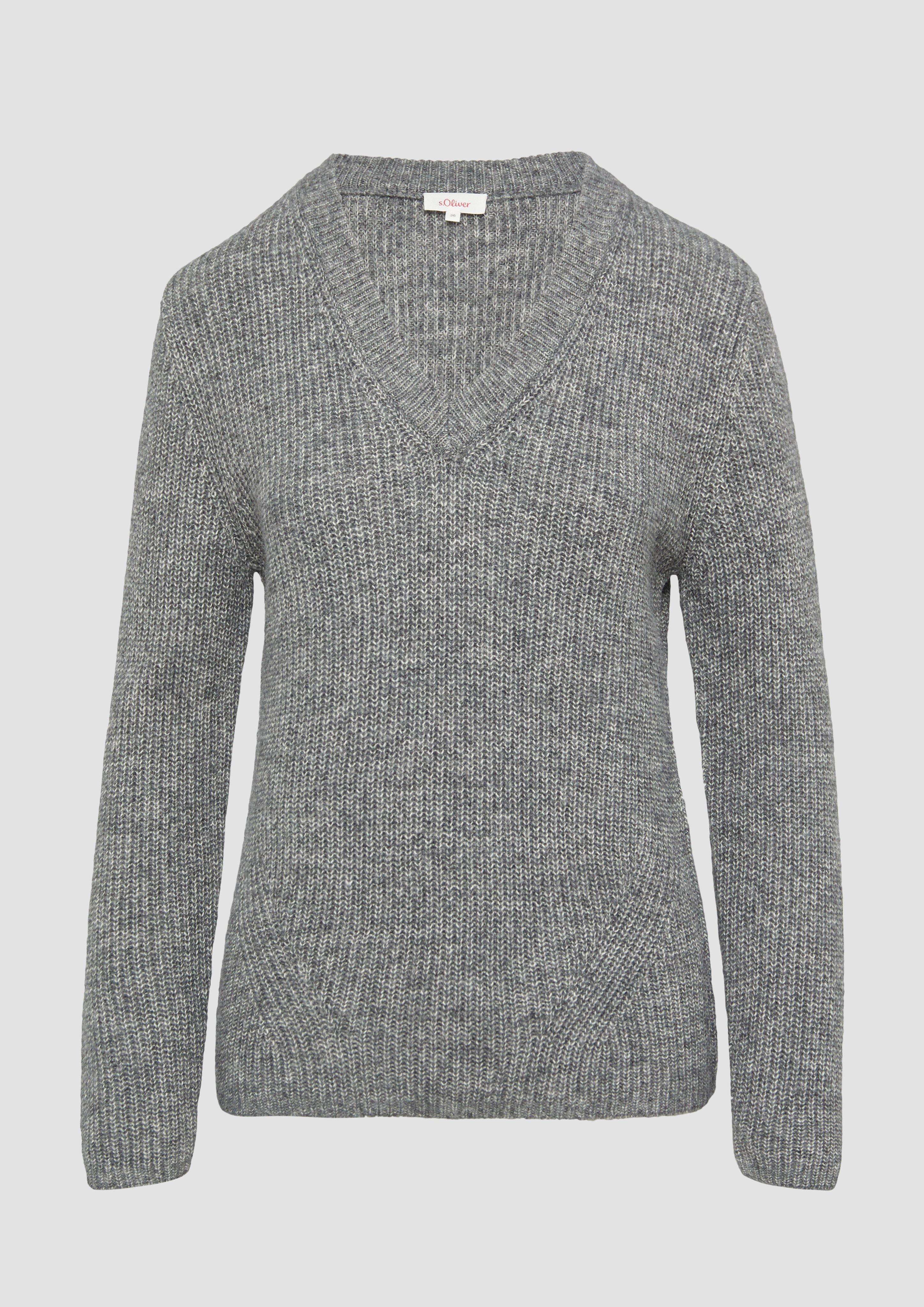 Thumbnail - s.Oliver - Strickpullover mit V-Ausschnitt und Rippblende, Damen, grau