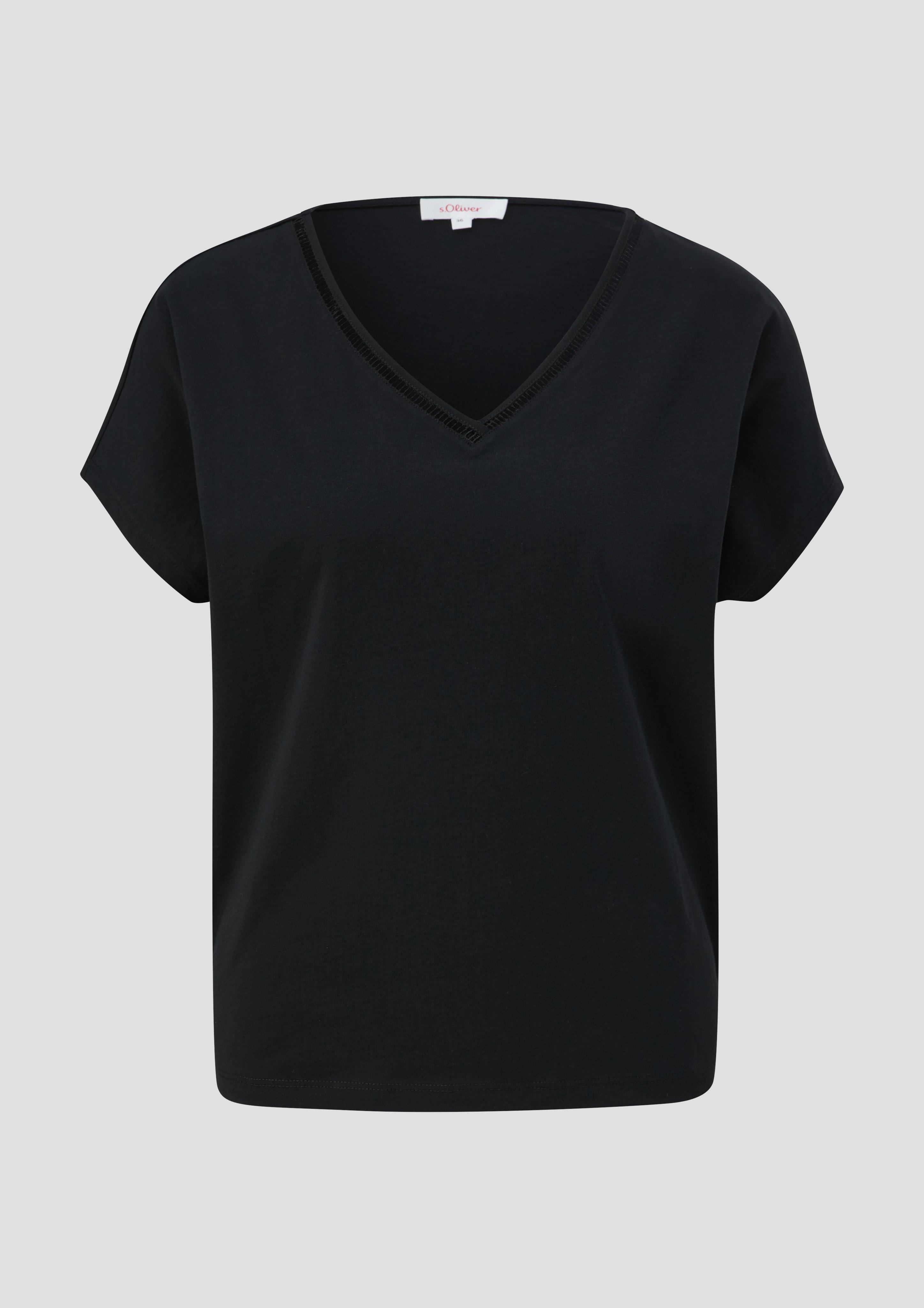 s.Oliver - Baumwoll-T-Shirt mit Spitzendetails, Damen, schwarz