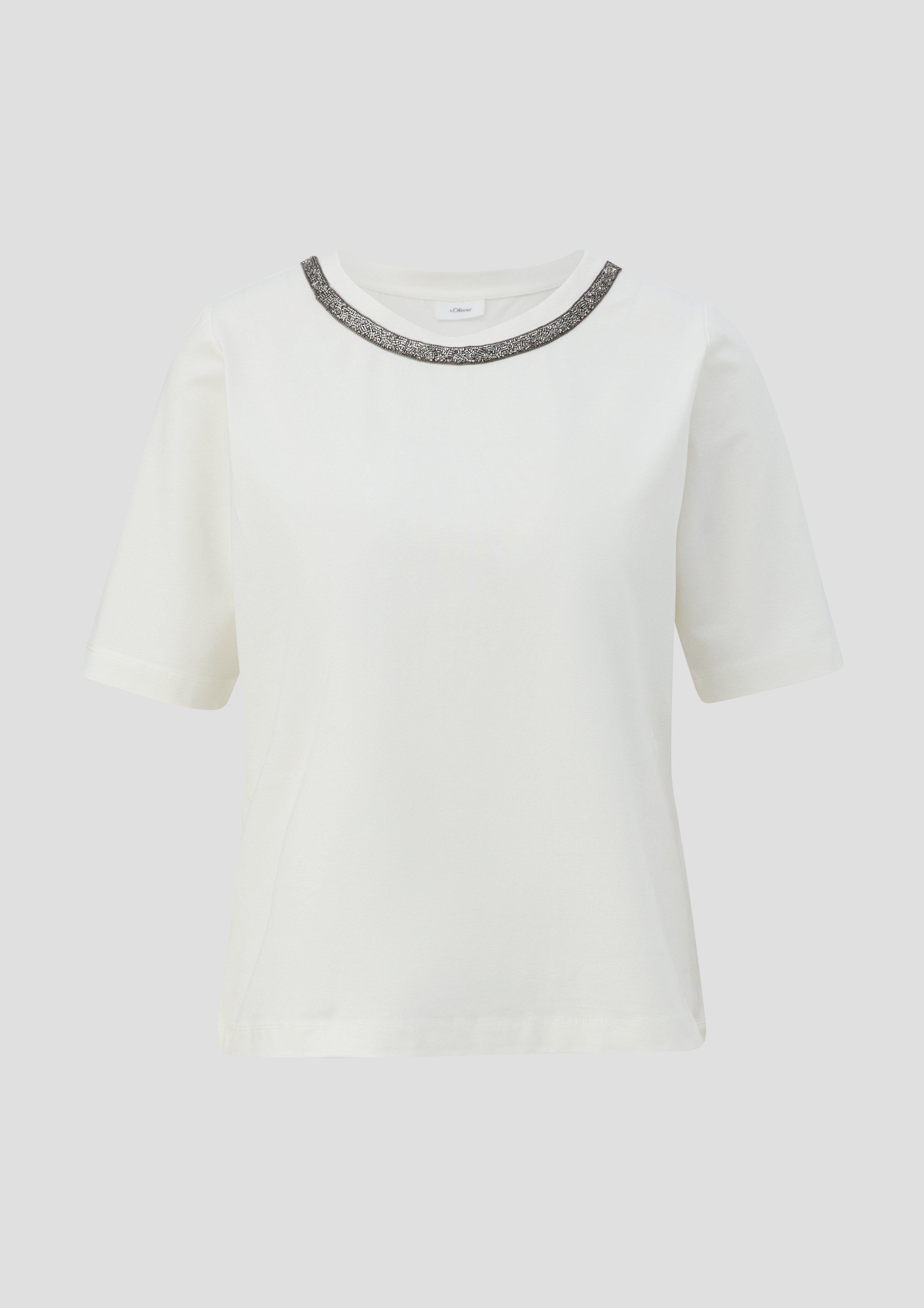 s.Oliver - T-Shirt mit Deko-Tape am Ausschnitt, Damen, creme