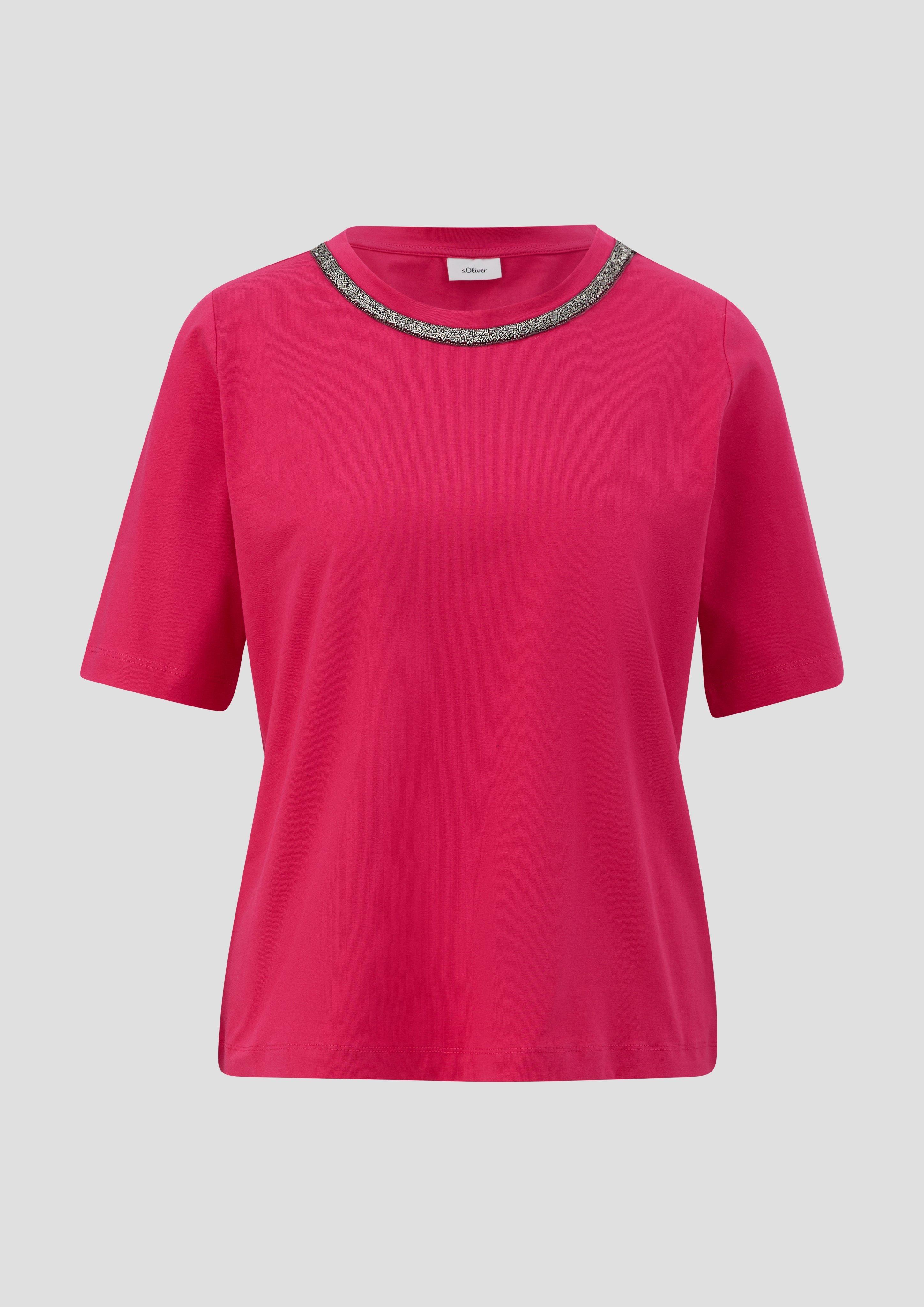 s.Oliver - T-Shirt mit Deko-Tape am Ausschnitt, Damen, Rosa