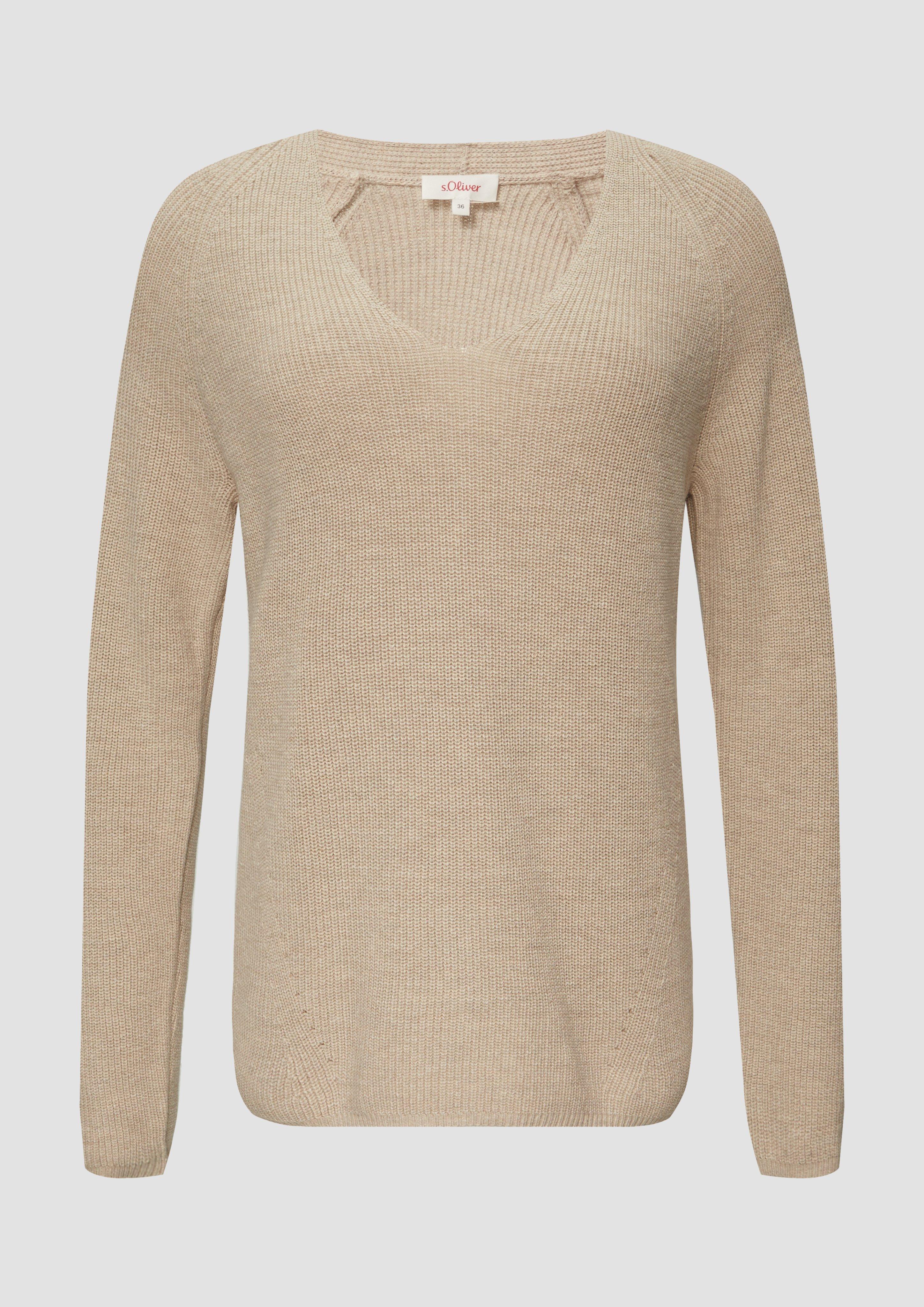s.Oliver - Strickpullover mit V-Ausschnitt aus Baumwollmix, Damen, Beige