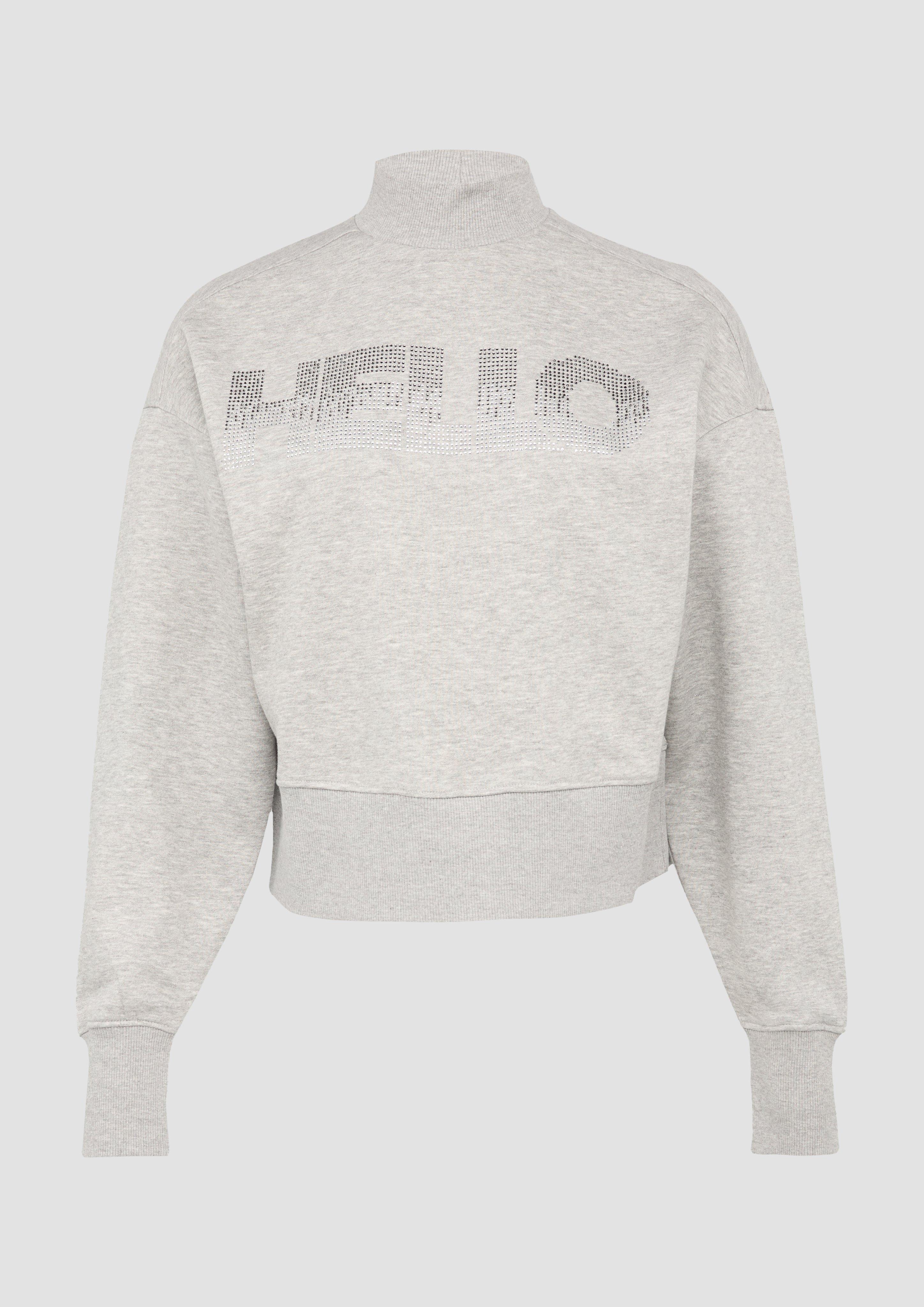 QS - Verkürztes Sweatshirt mit Stehkragen und Strass-Wording, Damen, grau