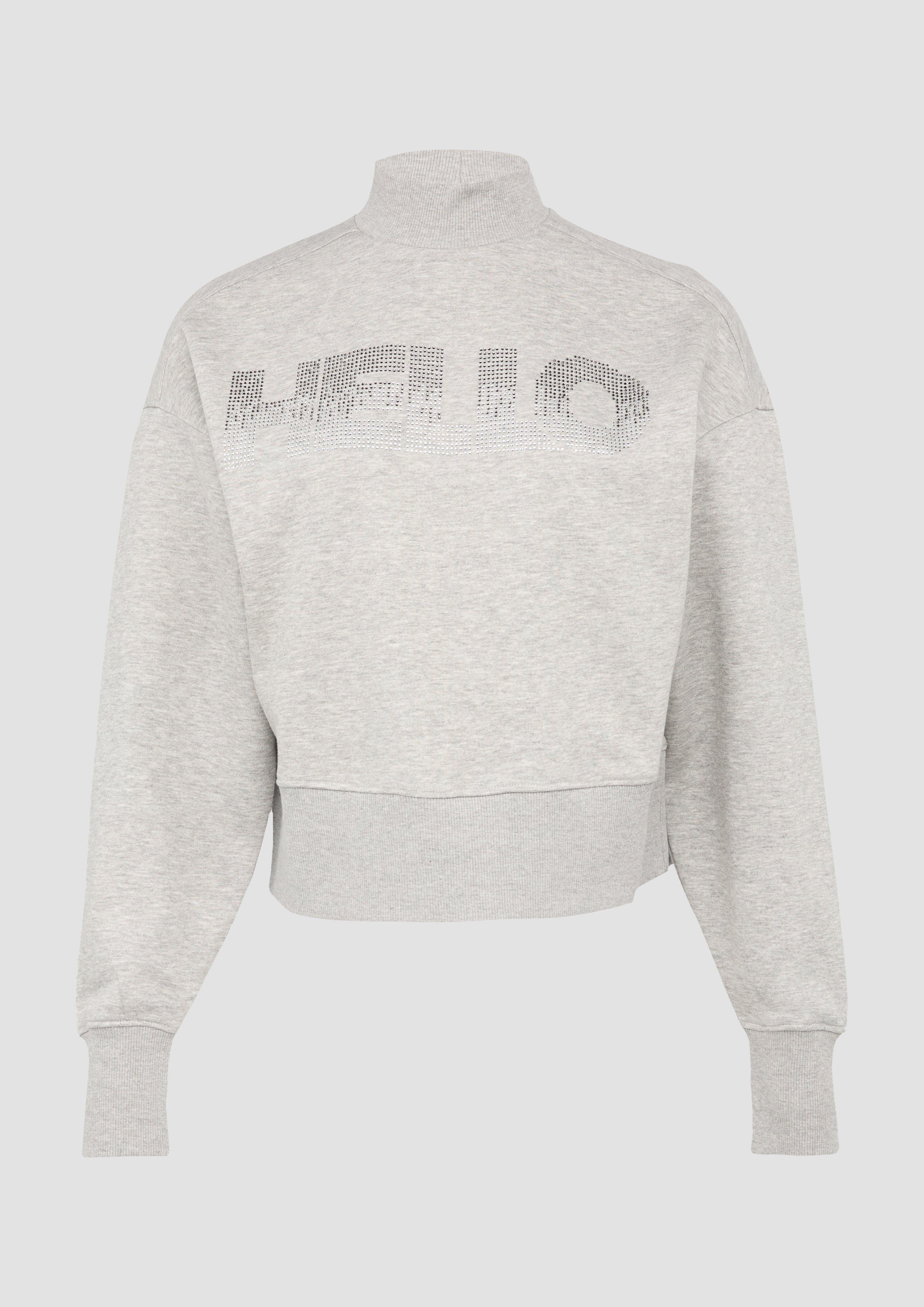 Thumbnail - QS - Verkürztes Sweatshirt mit Stehkragen und Strass-Wording, Damen, grau