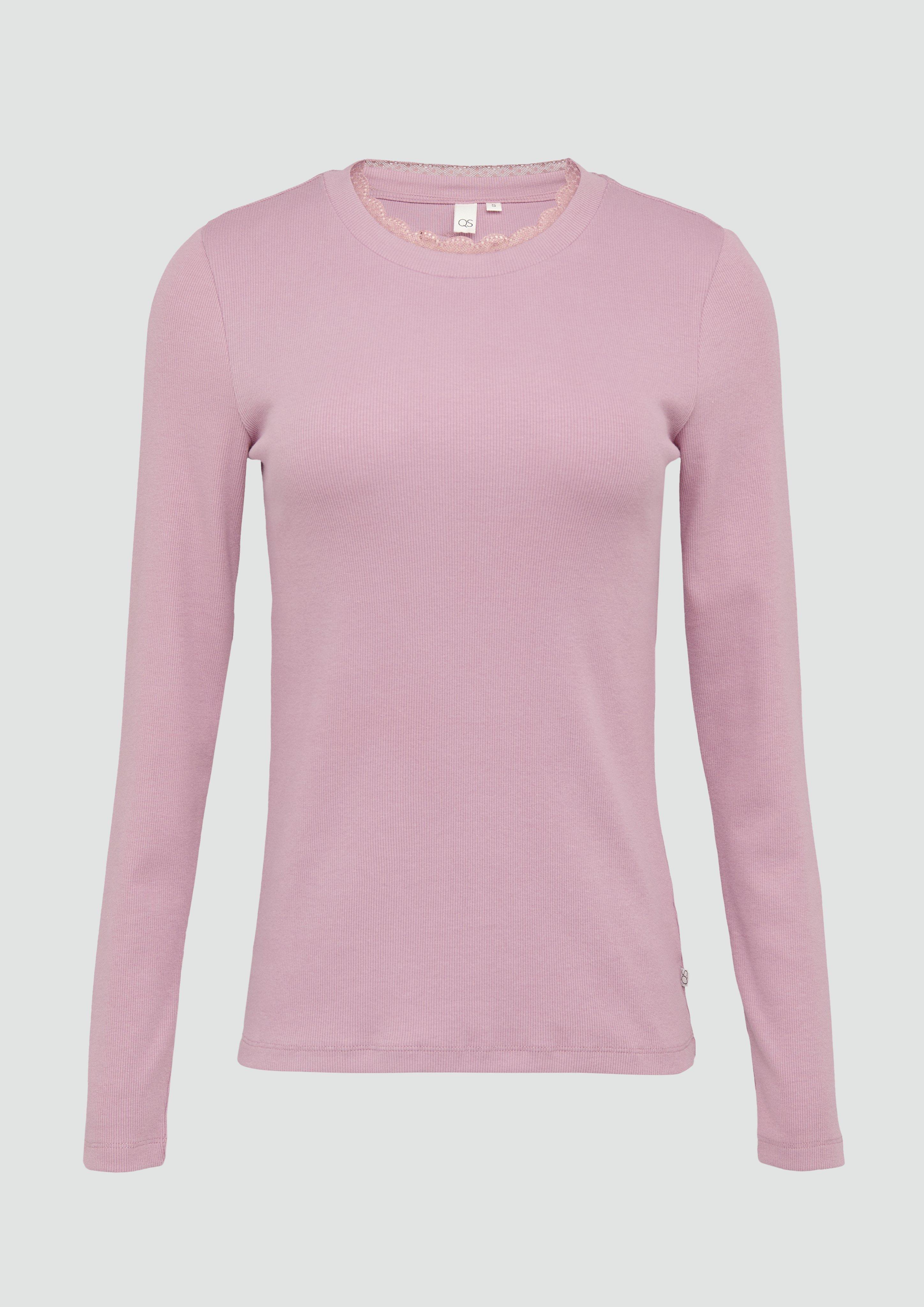 QS - Schmales Rippshirt mit Spitzendetail am Ausschnitt, Damen, Rosa