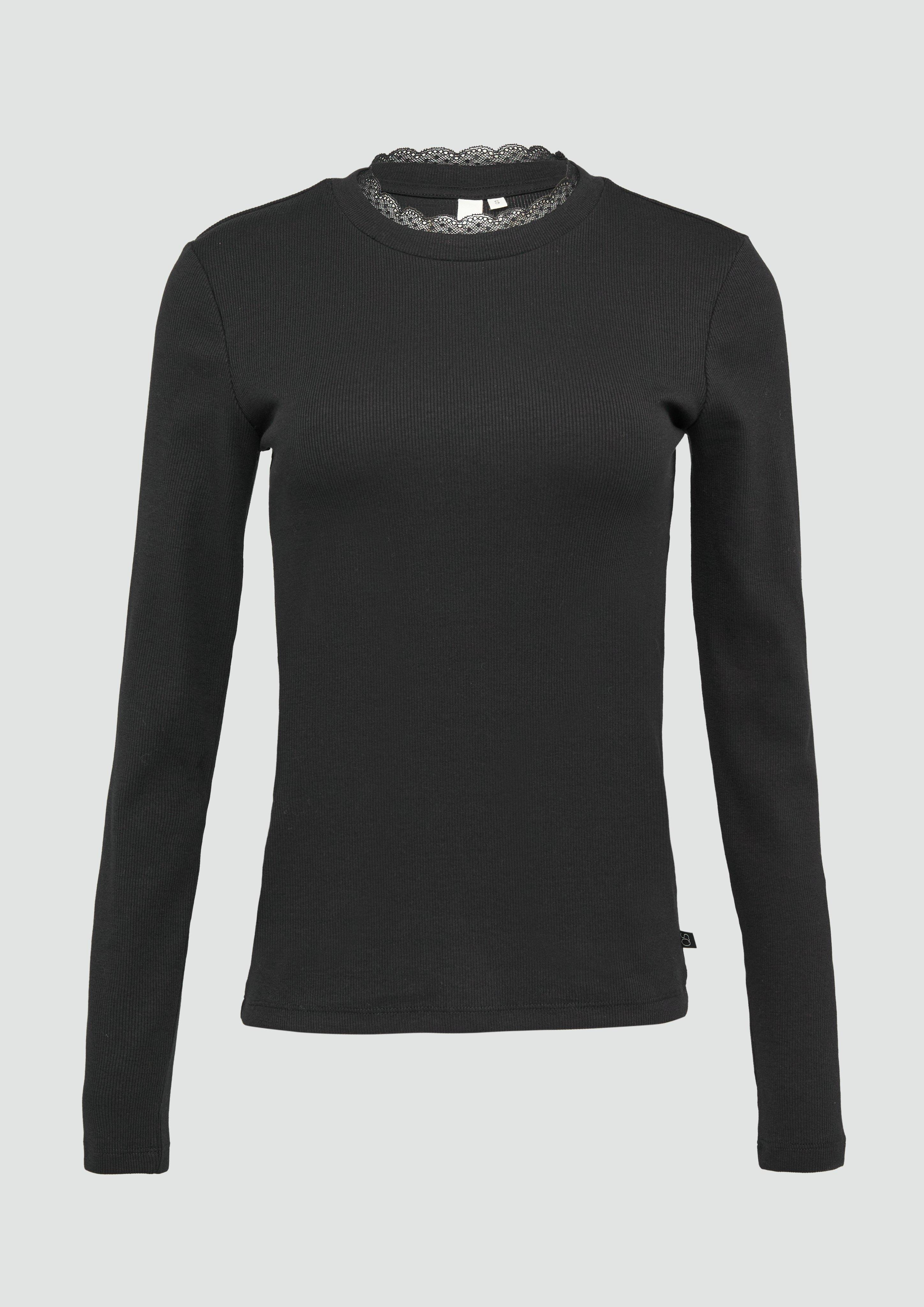 QS - Schmales Rippshirt mit Spitzendetail am Ausschnitt, Damen, schwarz