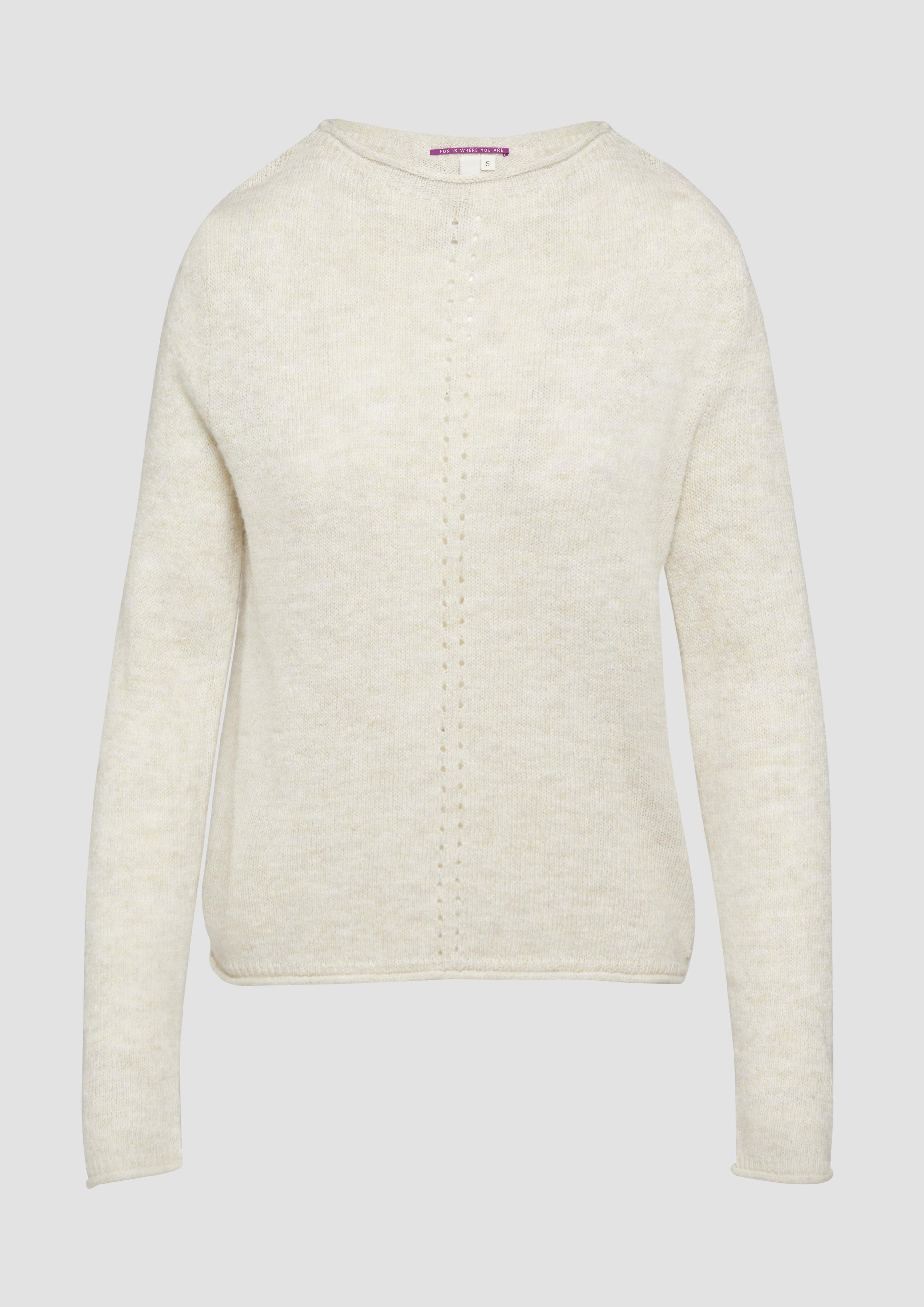QS - Weicher Strickpullover mit Ajour-Detail, Damen, Beige