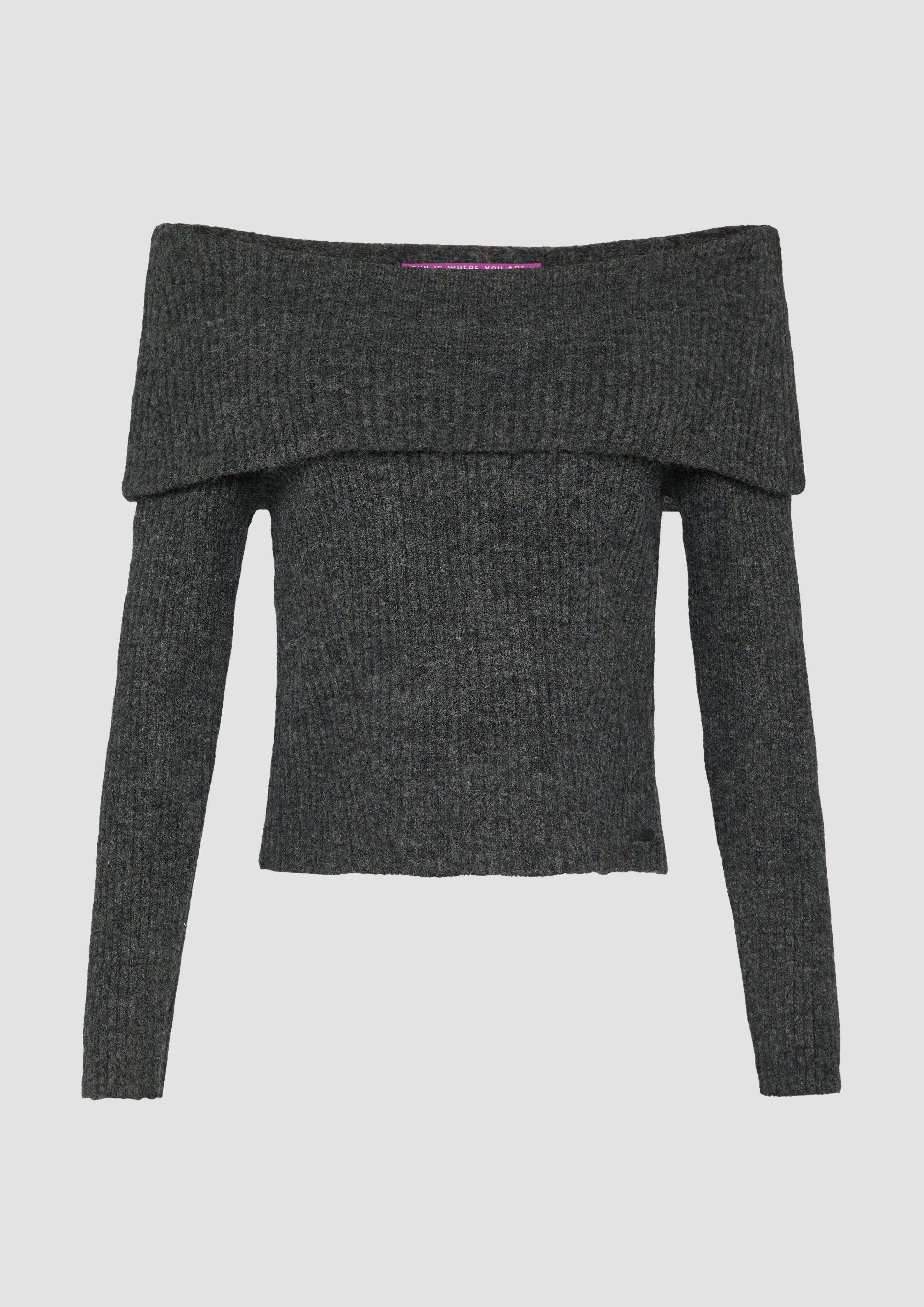 QS - Rippstrickpullover mit Offshoulder-Ausschnitt, Damen, schwarz