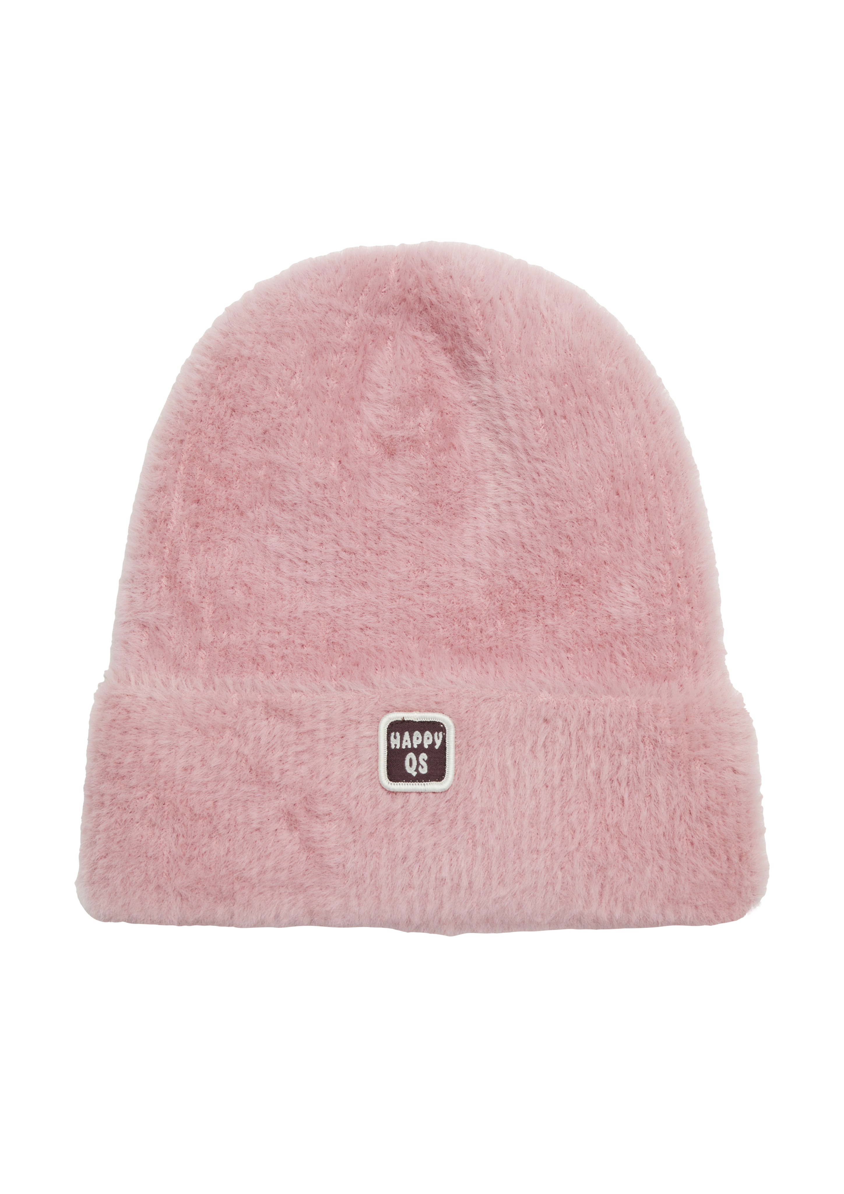 QS - Flauschige Mütze mit Umschlag und Logopatch, Damen, Rosa