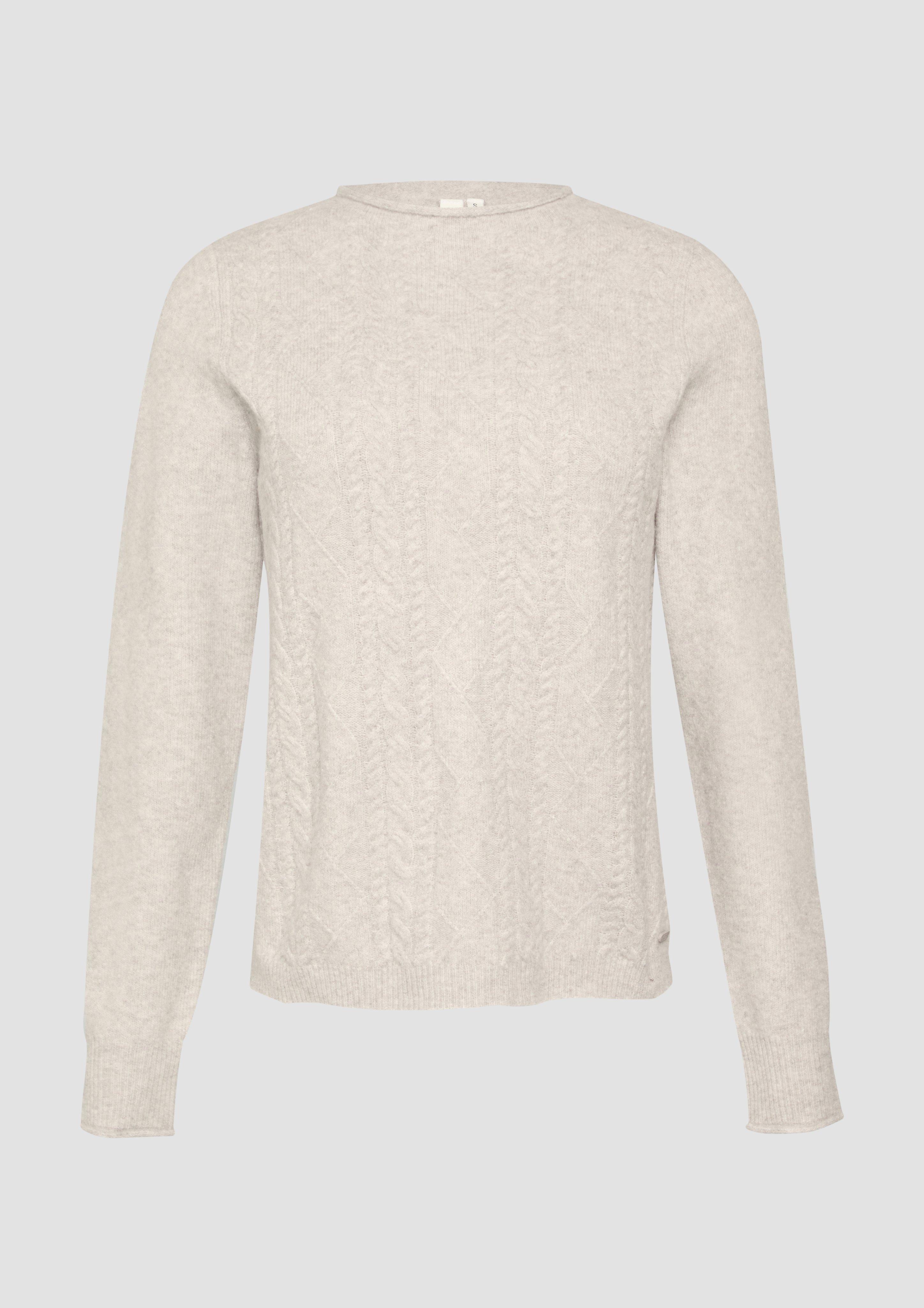 QS - Flauschiger Pullover mit Zopfmuster, Damen, Beige