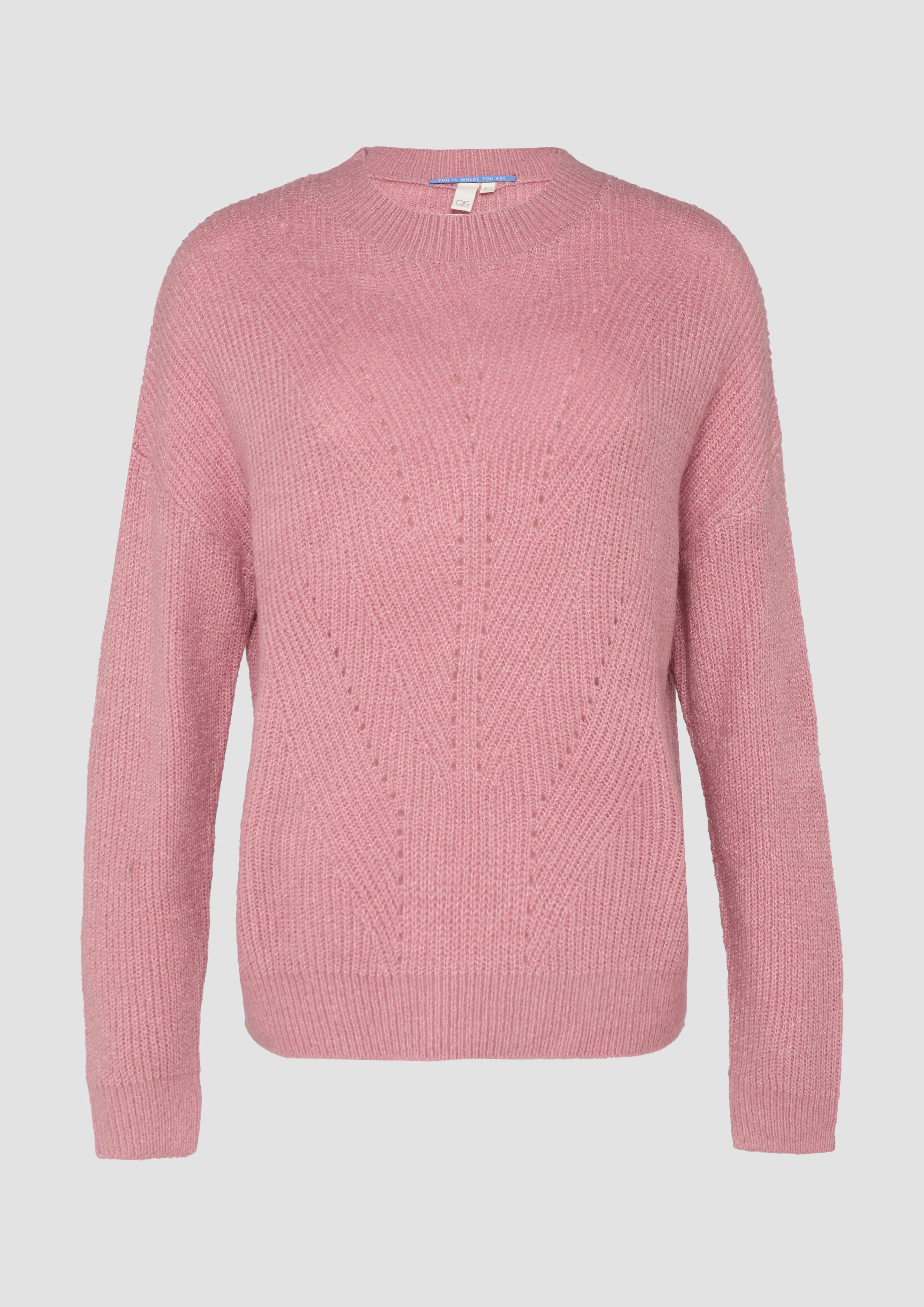 QS - Flauschiger Strickpullover mit Ajourmuster, Damen, Rosa