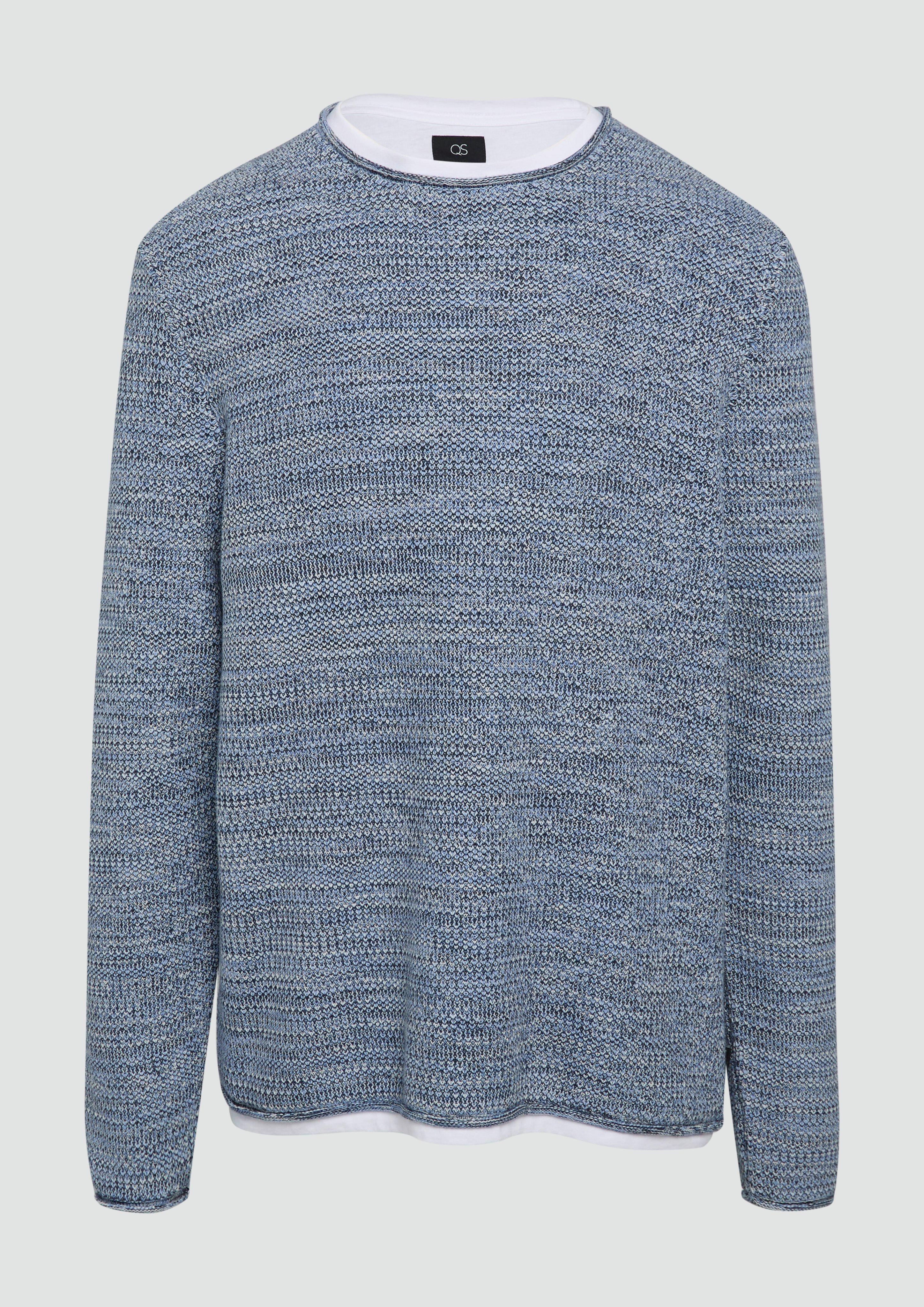 QS - Melierter Strickpullover mit Layering-Detail, Herren, blau