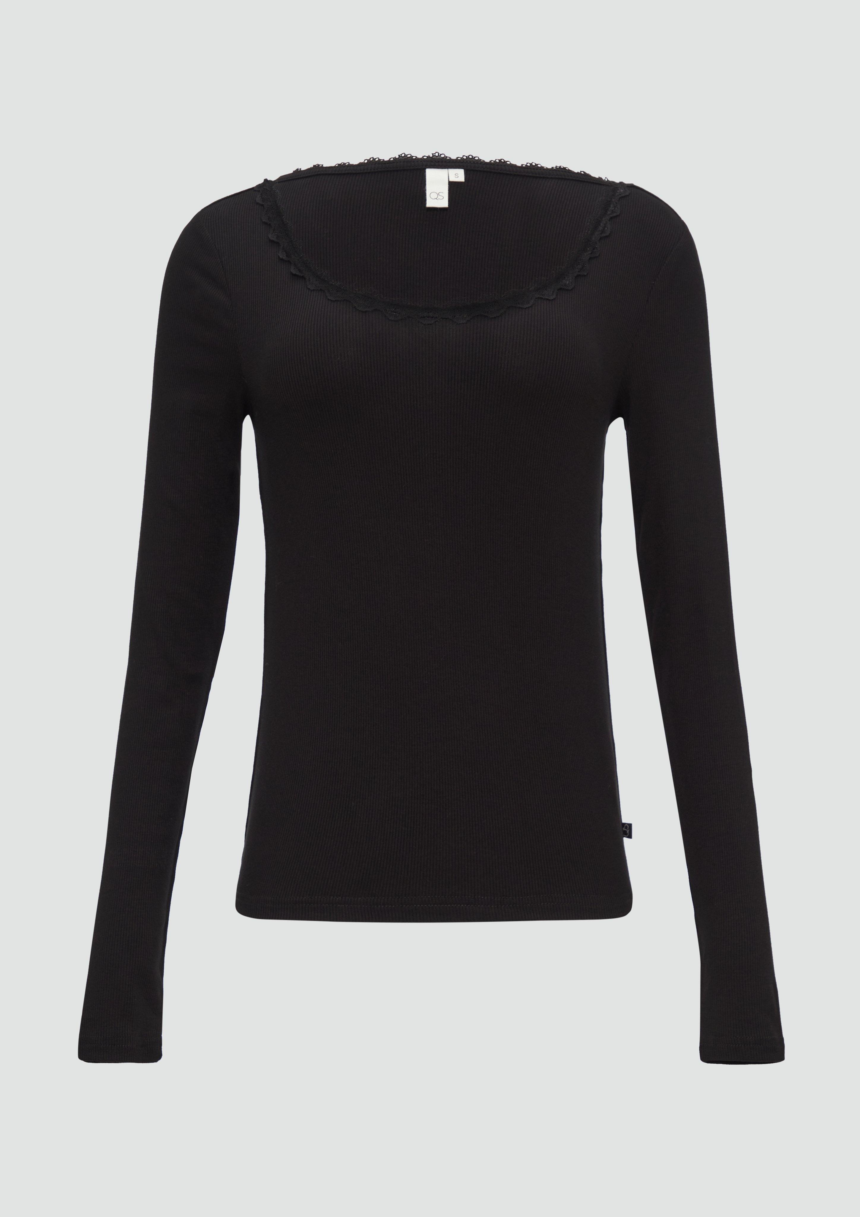 QS - Rippshirt aus Viskosemix mit Spitzendetail, Damen, schwarz