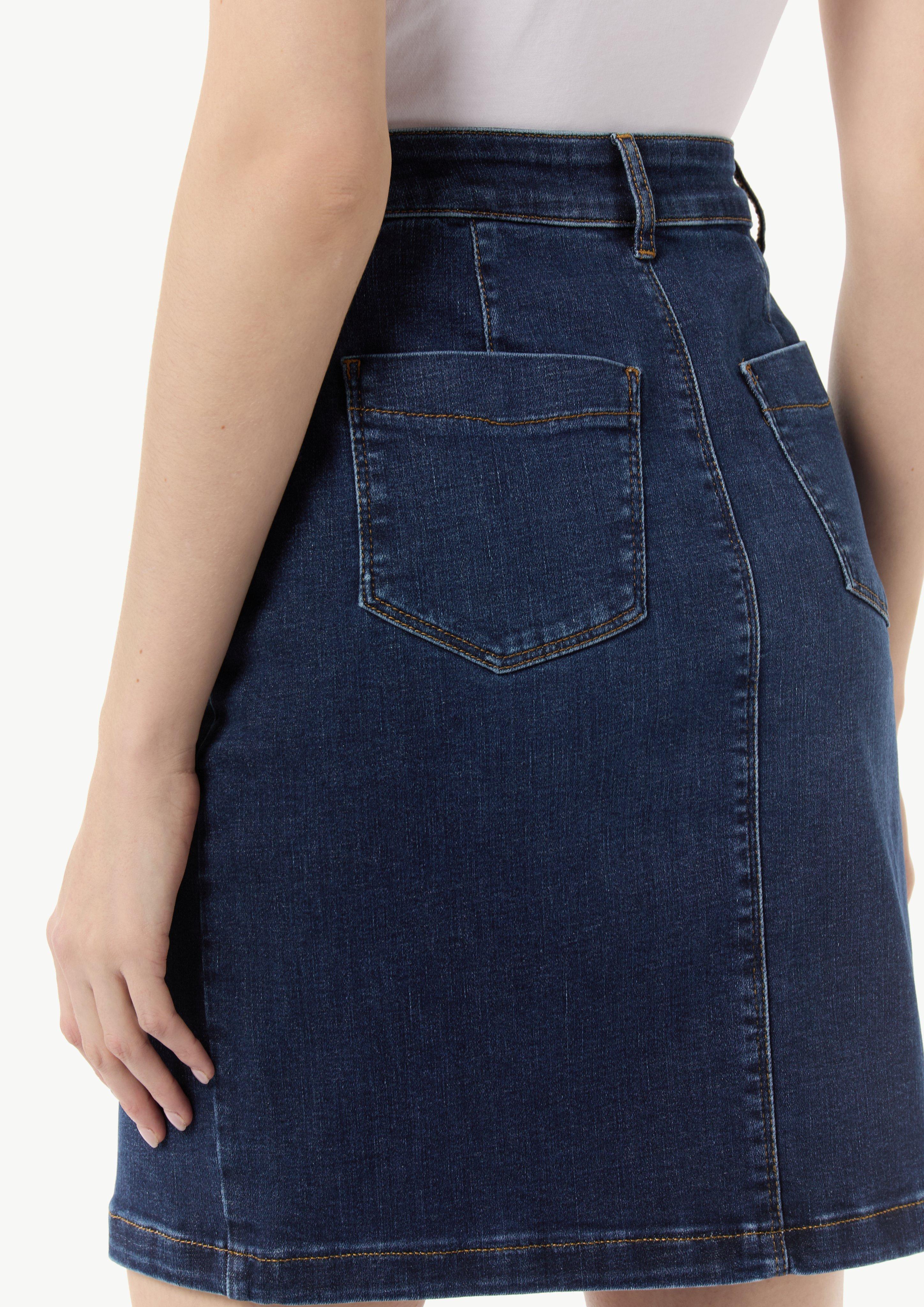 ★E.B.M★ Diagonal cut detail denim skirt EMP3DSK020 Denim skirt with slit at the front - Blue | SCAYLE