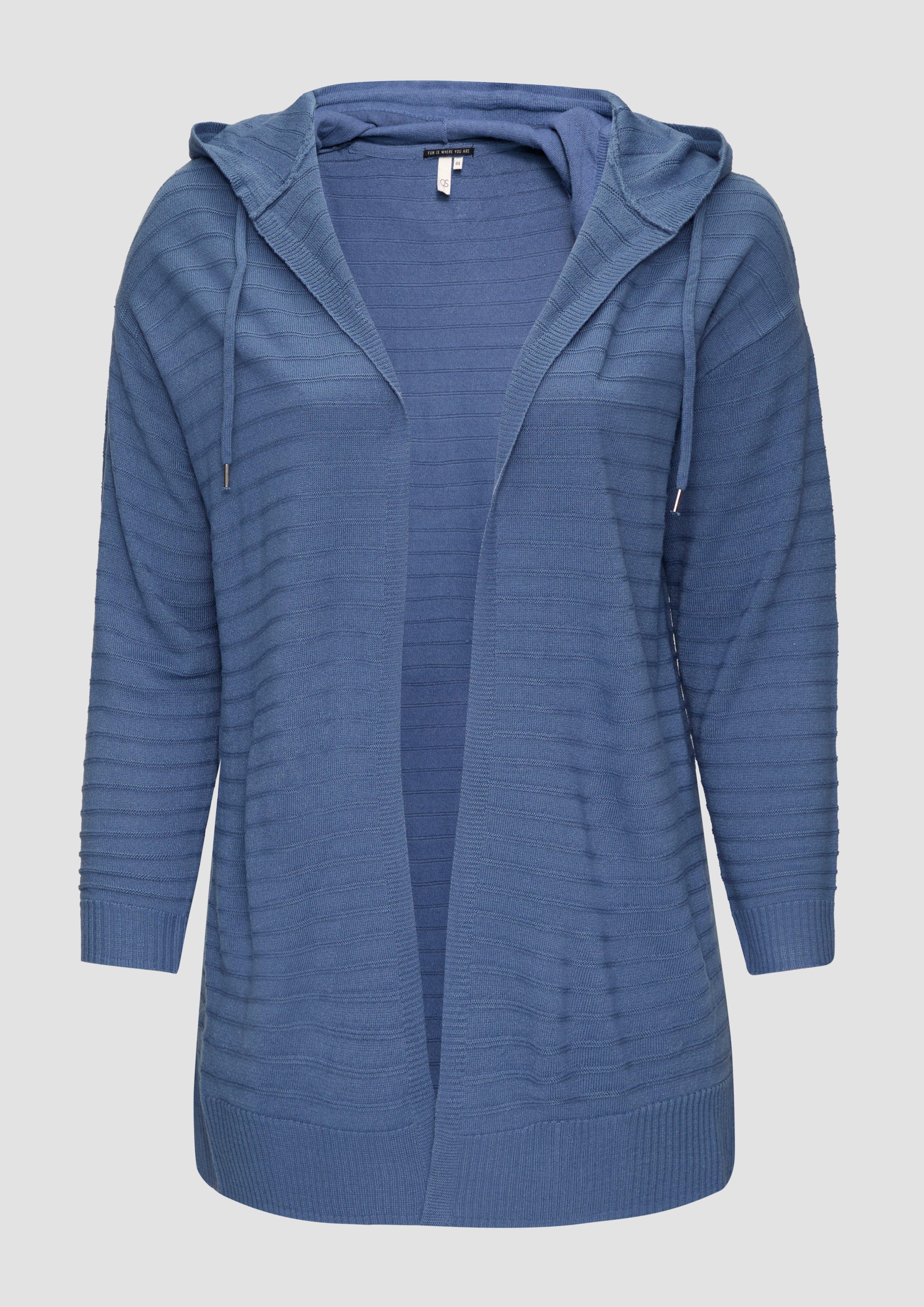 QS - Strickjacke mit Kapuze und Streifenstruktur, Damen, blau