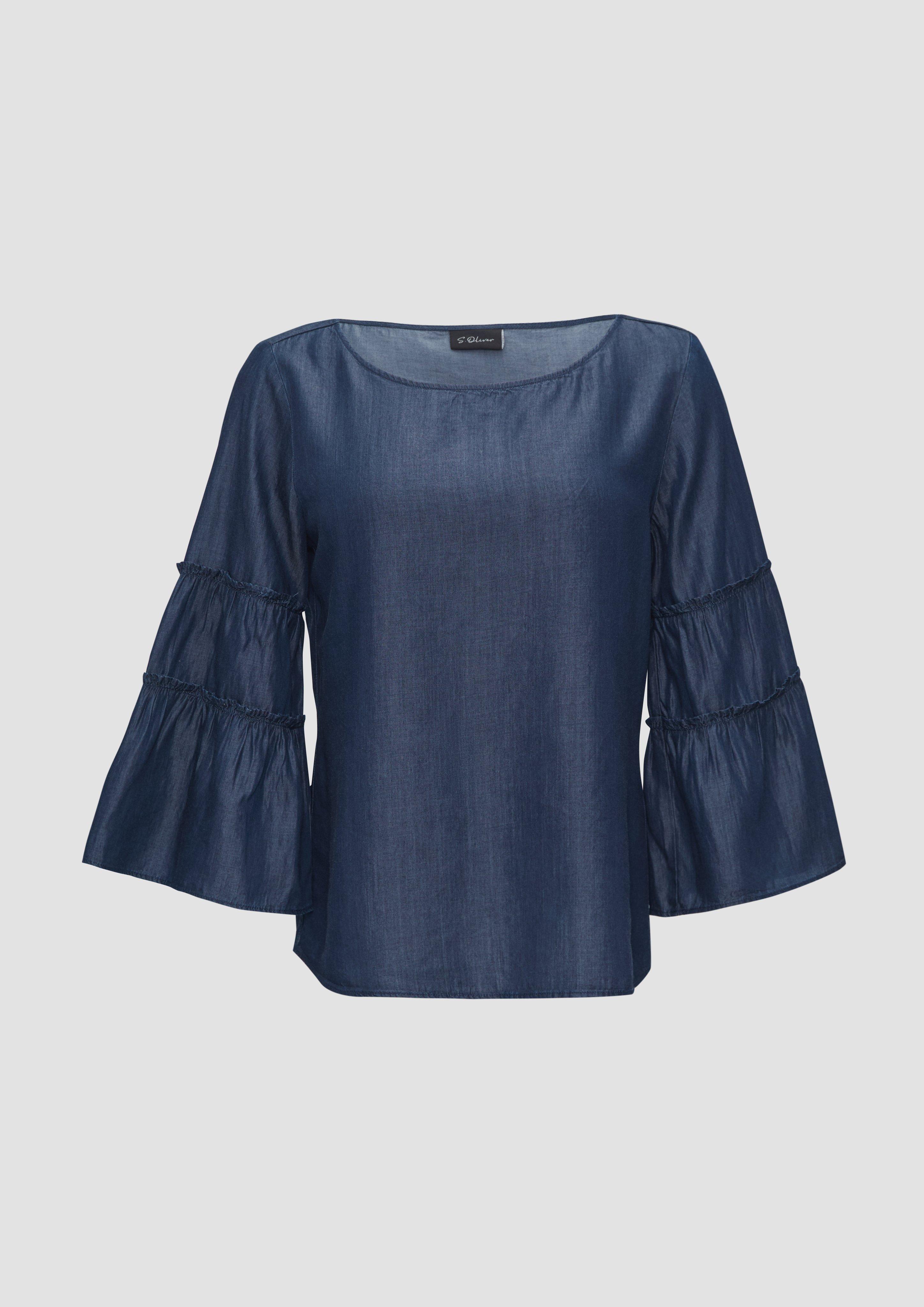 s.Oliver - Relaxed-Fit-Bluse in Denim-Optik mit Volantärmeln, Damen, blau