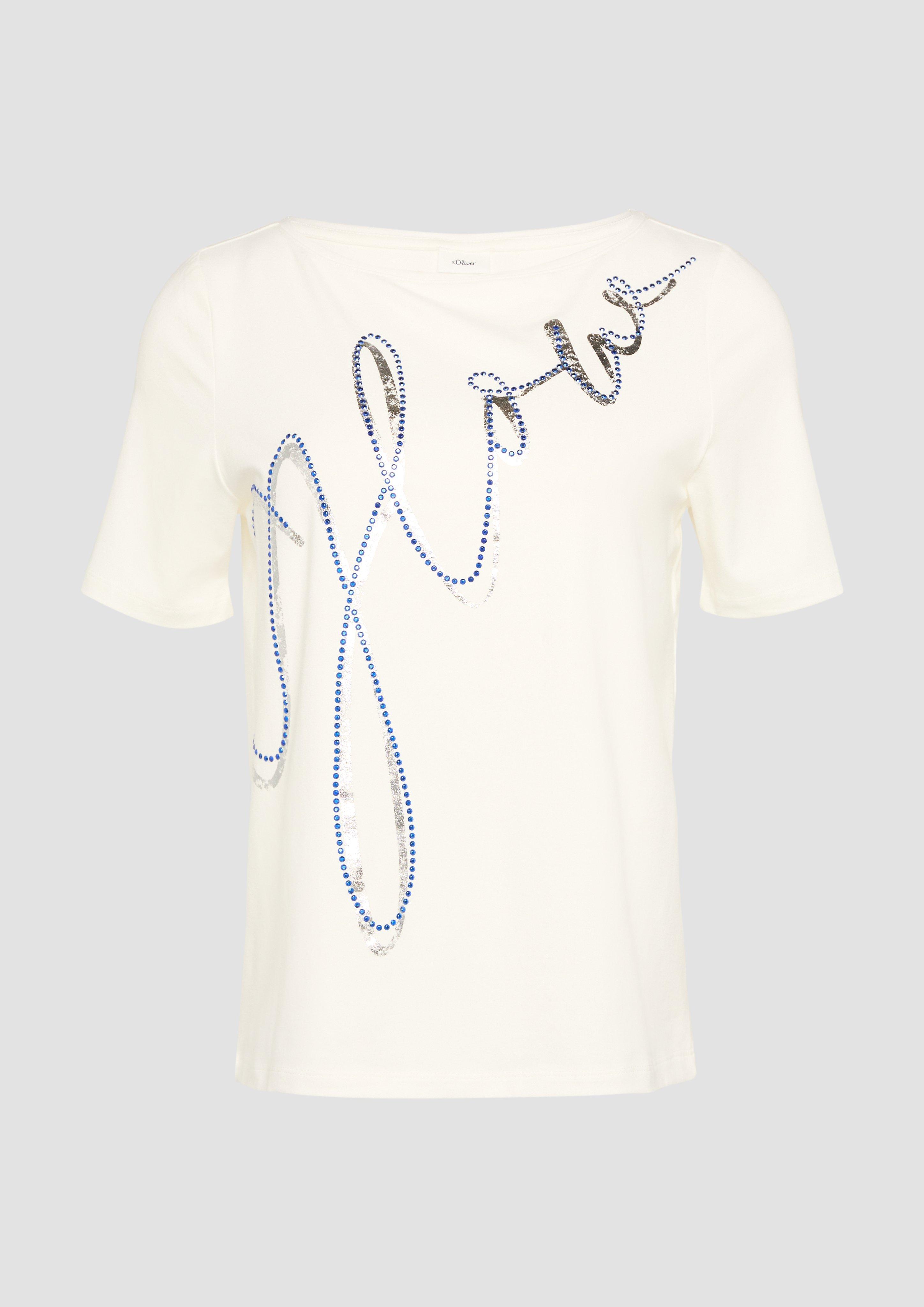 s.Oliver - T-Shirt mit Metallic-Print und Schmucksteinen, Damen, creme