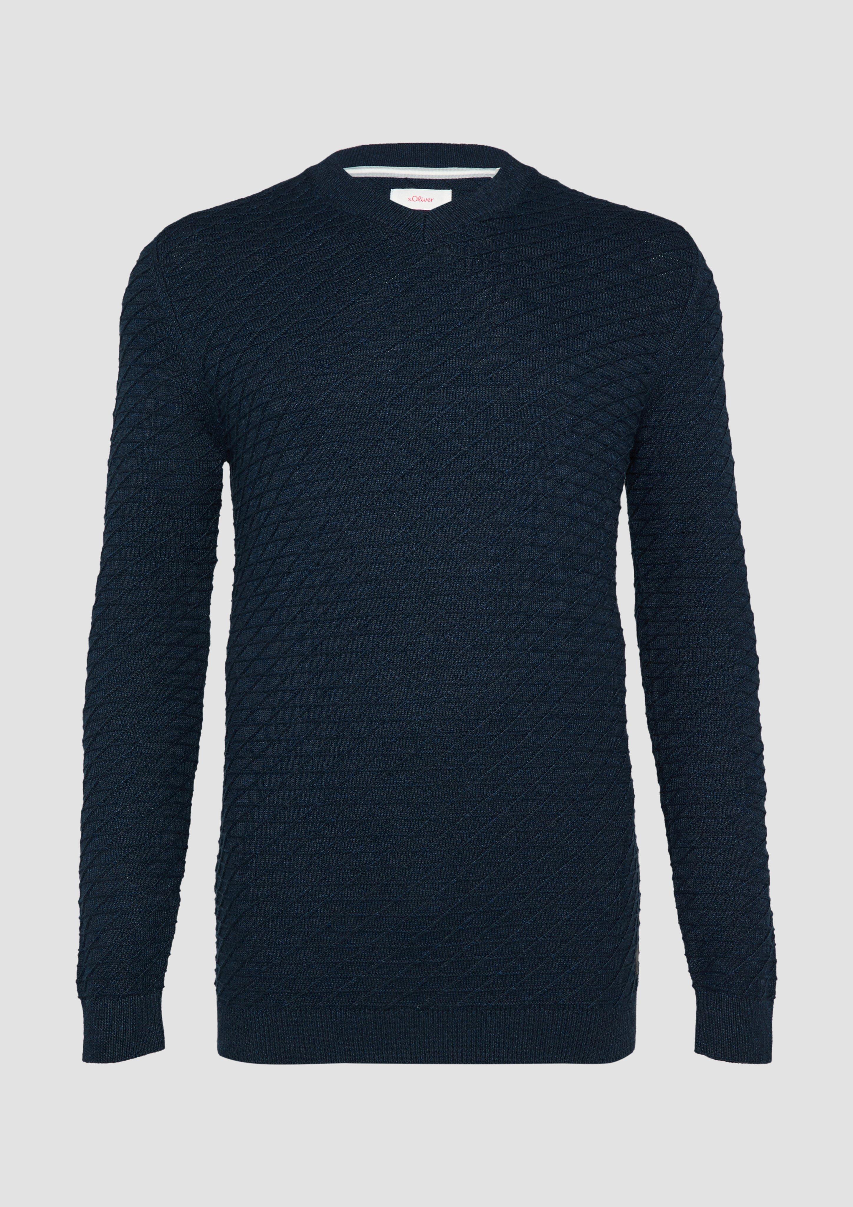 s.Oliver - Strukturierter Pullover mit V-Ausschnitt, Herren, blau