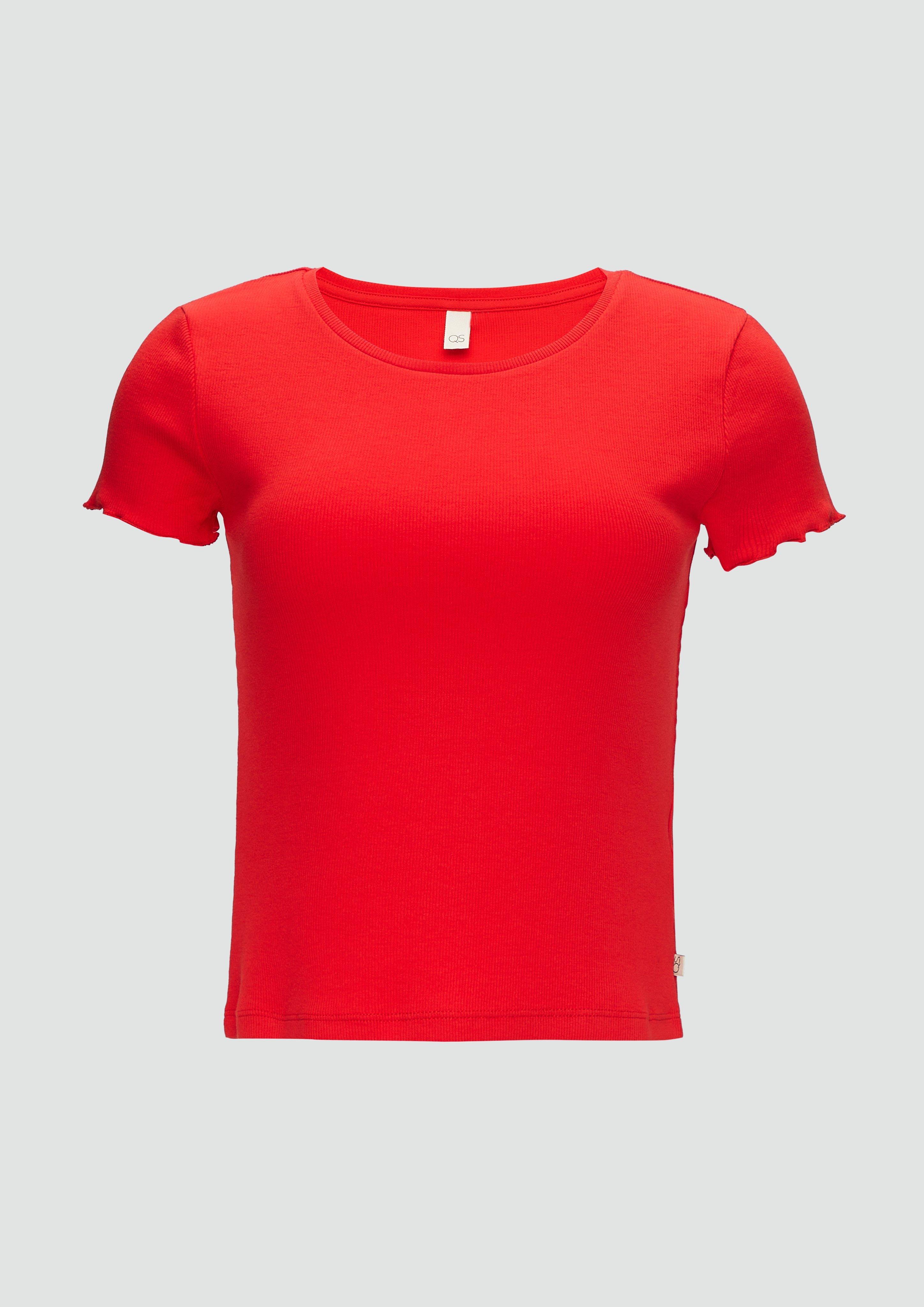 QS - Geripptes T-Shirt im Slim Fit mit Rollsaum am Ärmel, Damen, rot