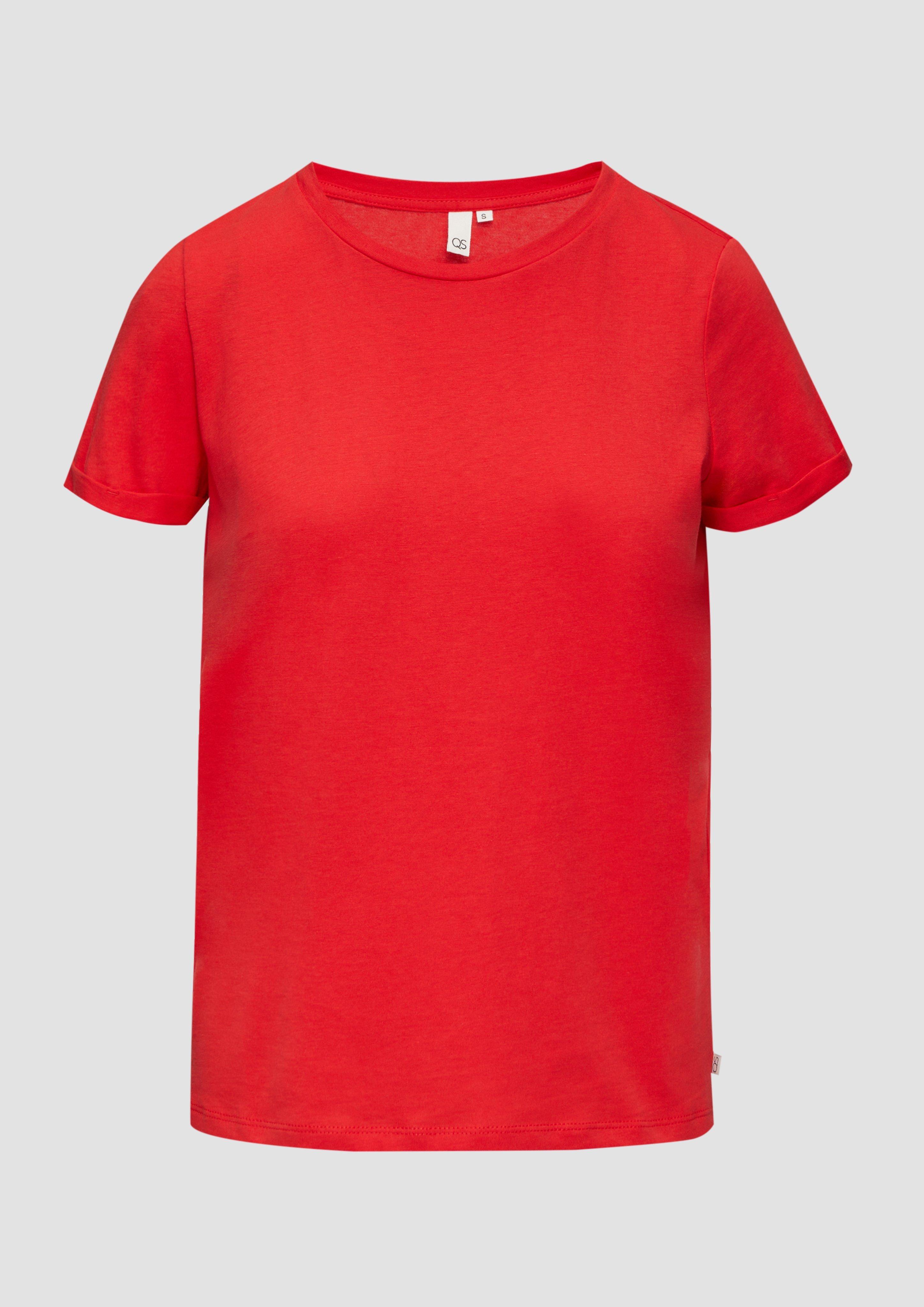 QS - Jersey-Shirt mit Rundhalsausschnitt und fixiertem Ärmel-Umschlag, Damen, rot