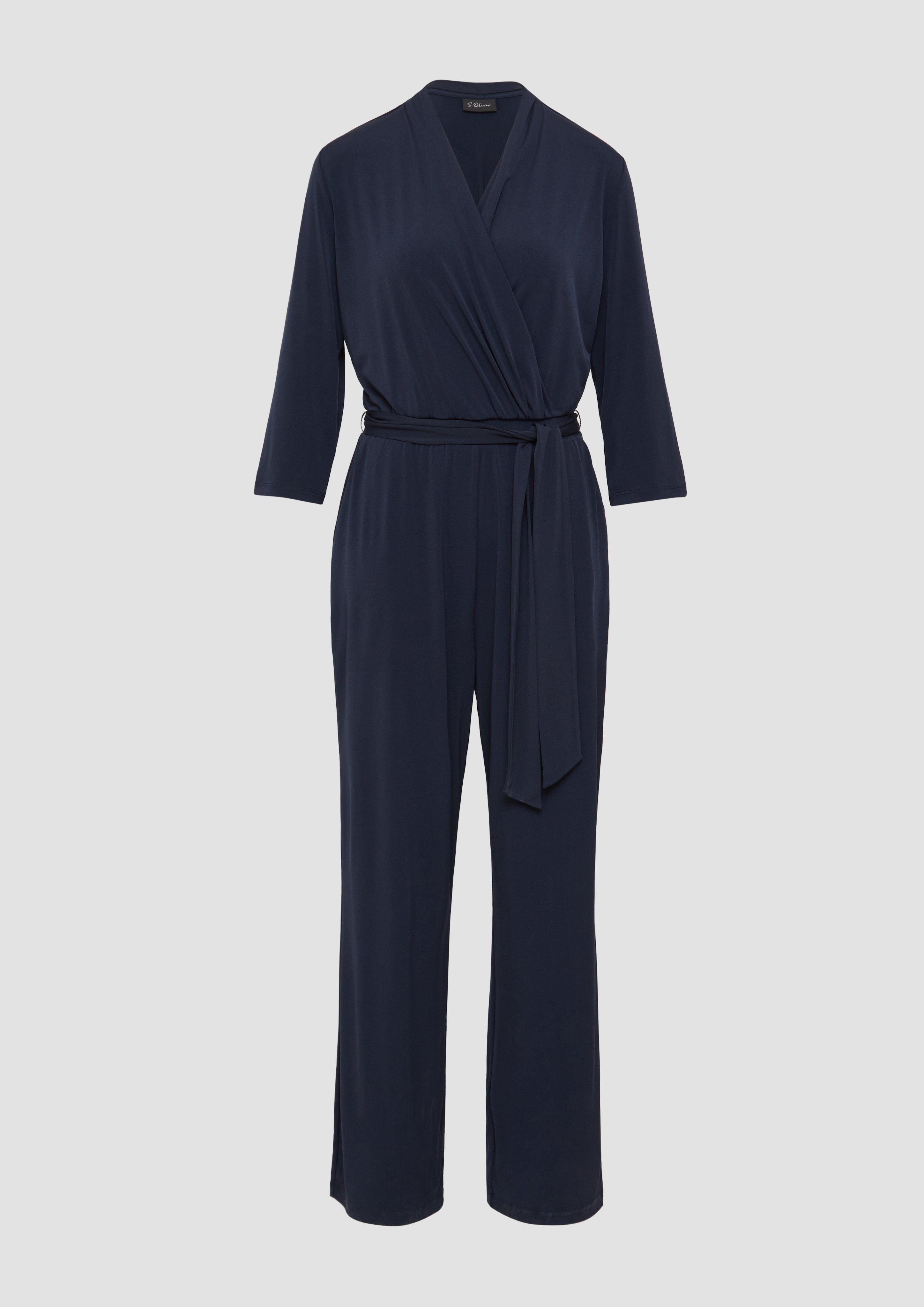 s.Oliver - Fließender Jumpsuit in Wickeloptik mit Bindegürtel, Damen, blau