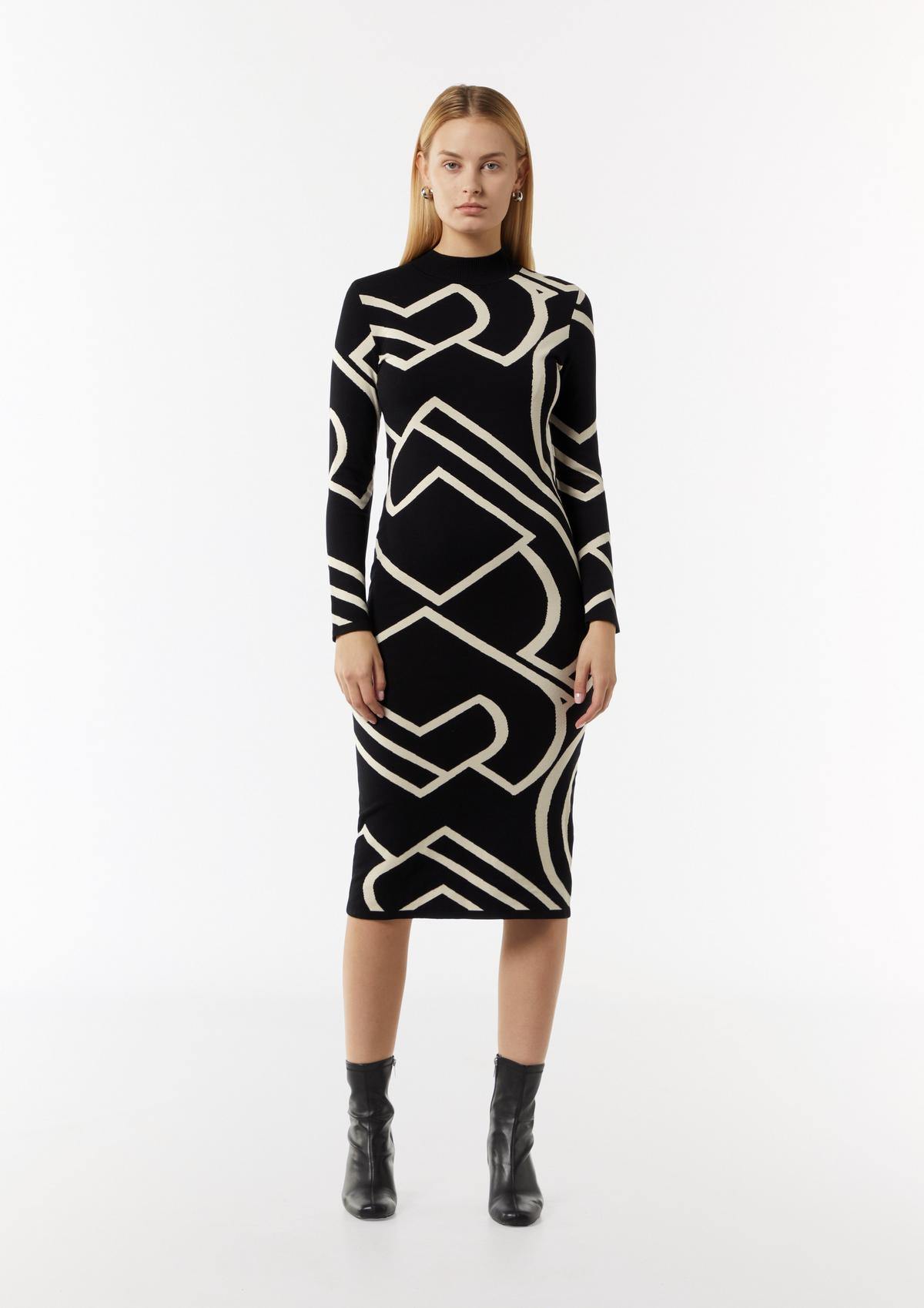 Slim-fitting jacquard dress with a logo design - black | Comma Slim-fitting jacquard dress with a logo design - black | Comma
