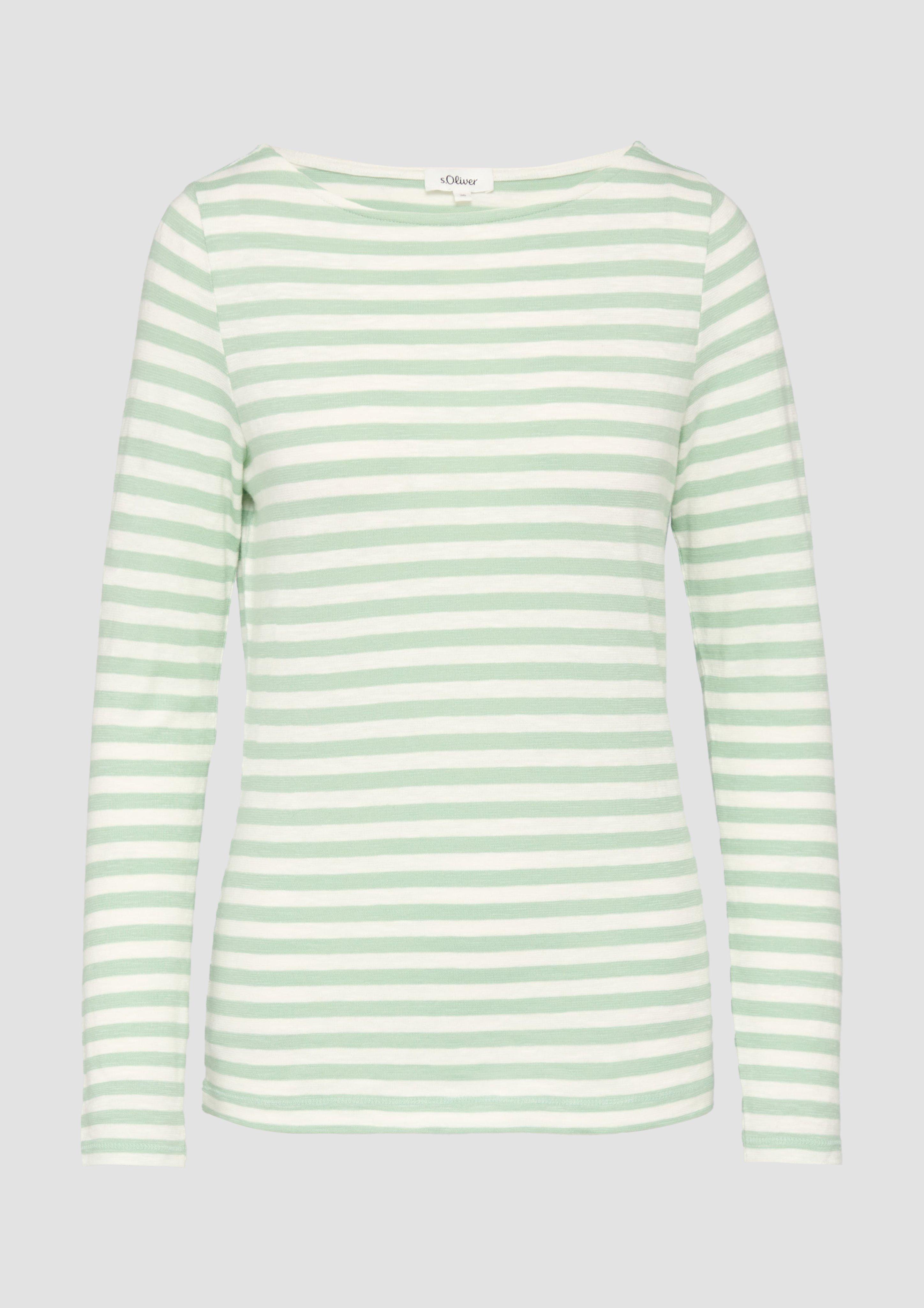 s.Oliver - Geringeltes Langarmshirt aus Flammgarn mit U-Boot-Ausschnitt, Damen, creme|türkis