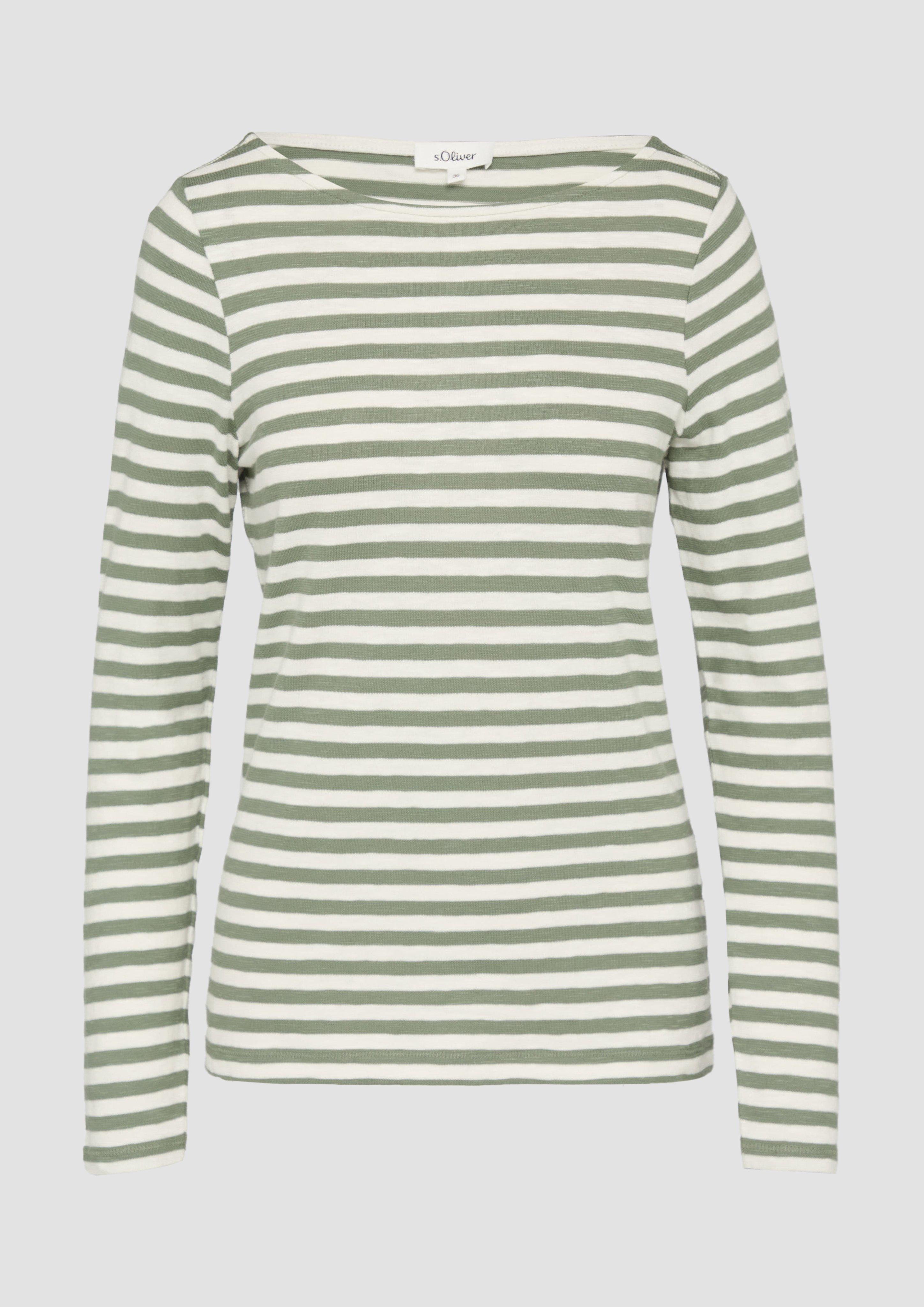 s.Oliver - Geringeltes Langarmshirt aus Flammgarn mit U-Boot-Ausschnitt, Damen, grün|weiß