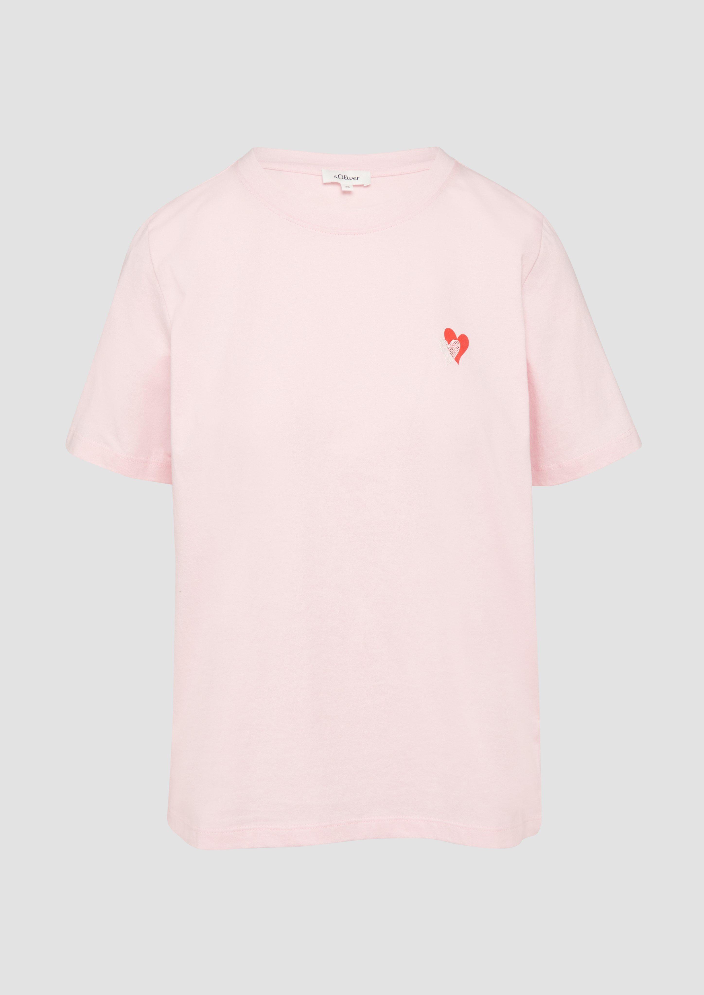 s.Oliver - T-Shirt im Relaxed Fit mit Herz-Stickerei, Damen, Rosa