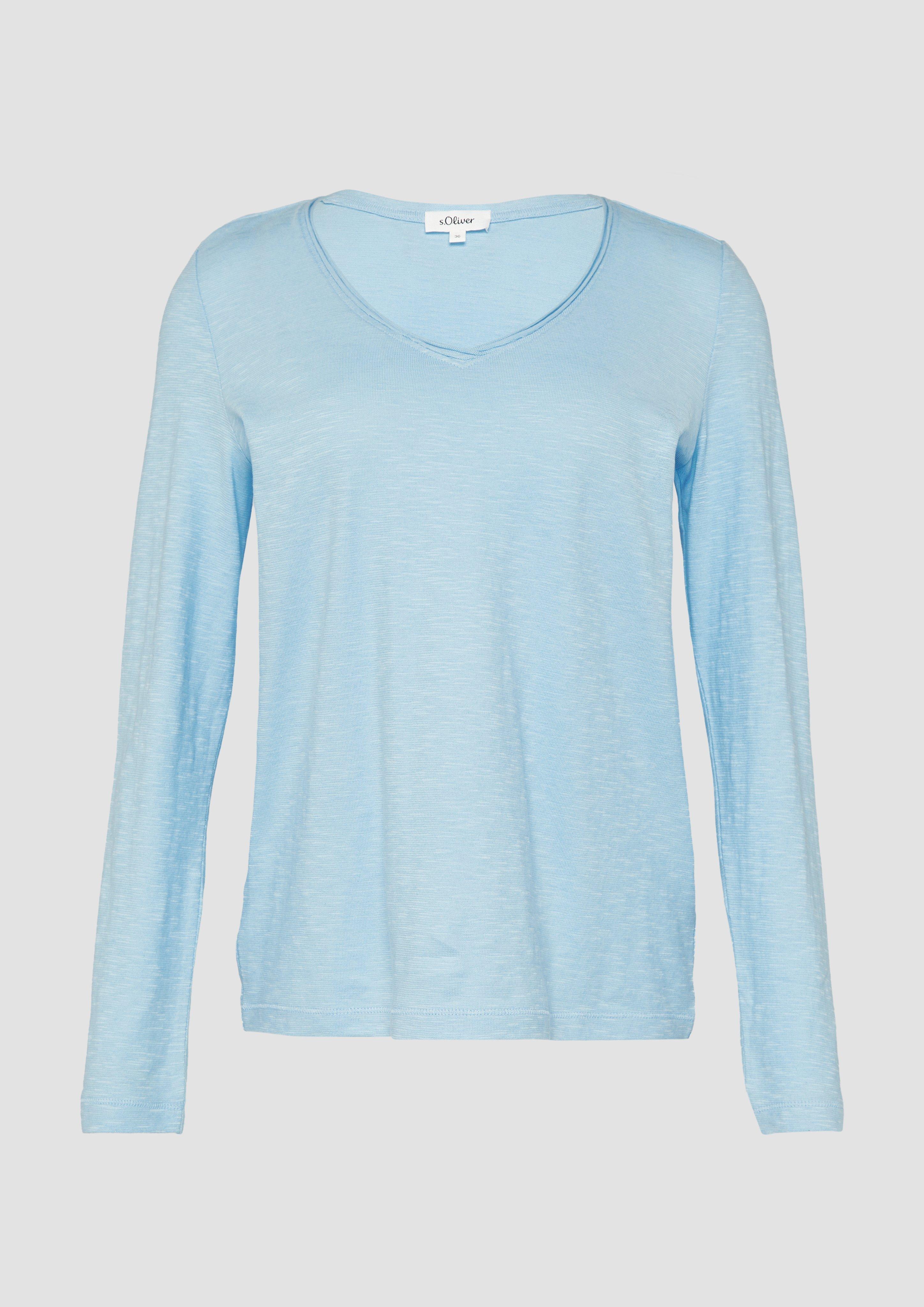 s.Oliver - Langarmshirt aus Slub Yarn mit Rollkanten am Ausschnitt, Damen, blau