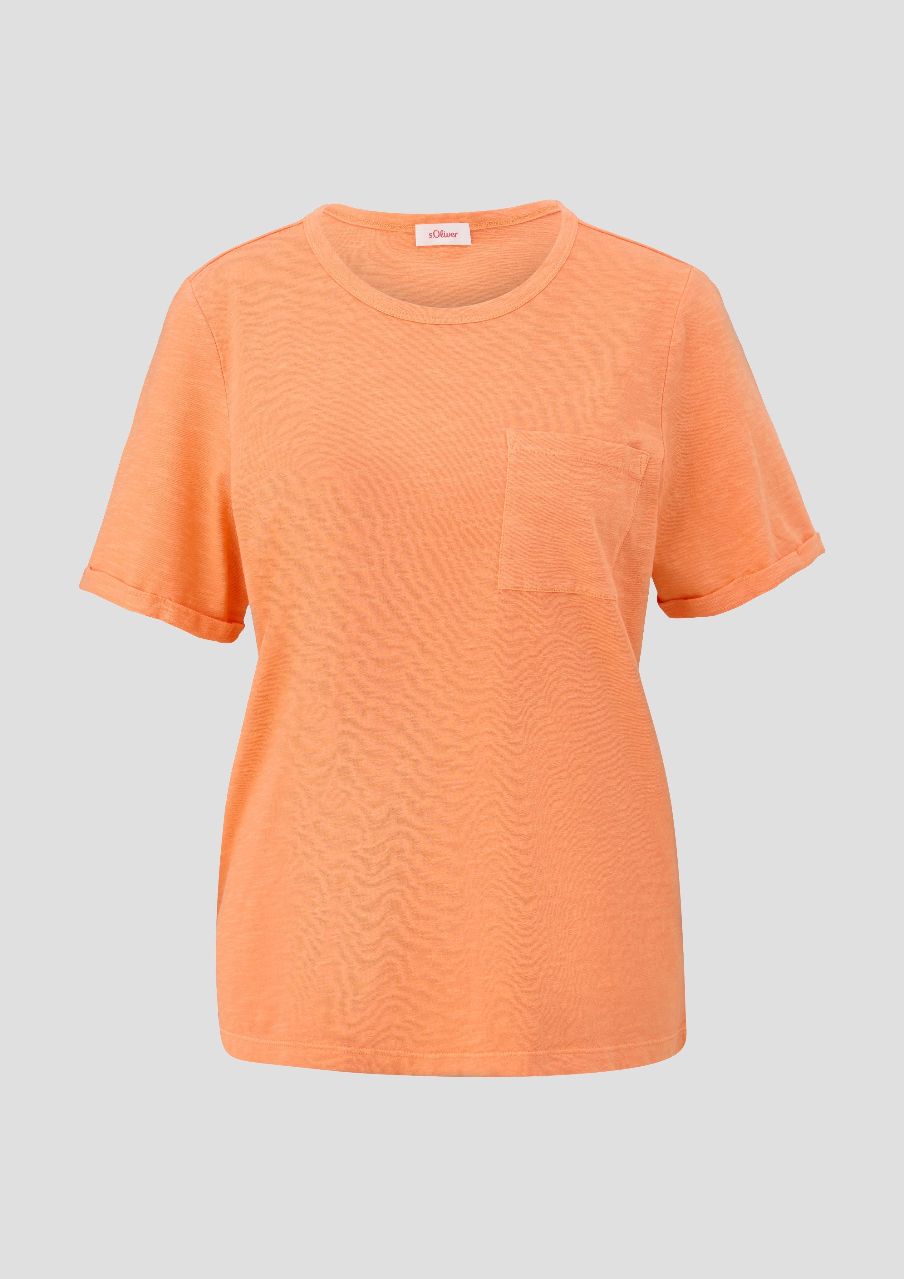 s.Oliver - Meliertes T-Shirt mit fixiertem Ärmel-Umschlag und Brusttasche, Damen, Orange