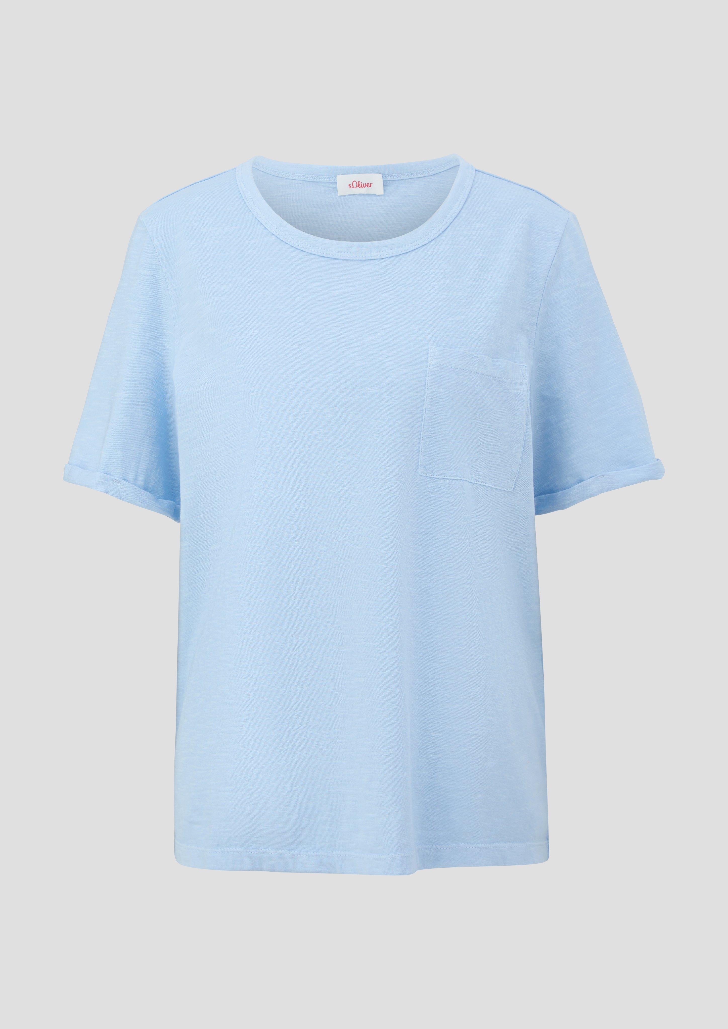 s.Oliver - Meliertes T-Shirt mit fixiertem Ärmel-Umschlag und Brusttasche, Damen, blau