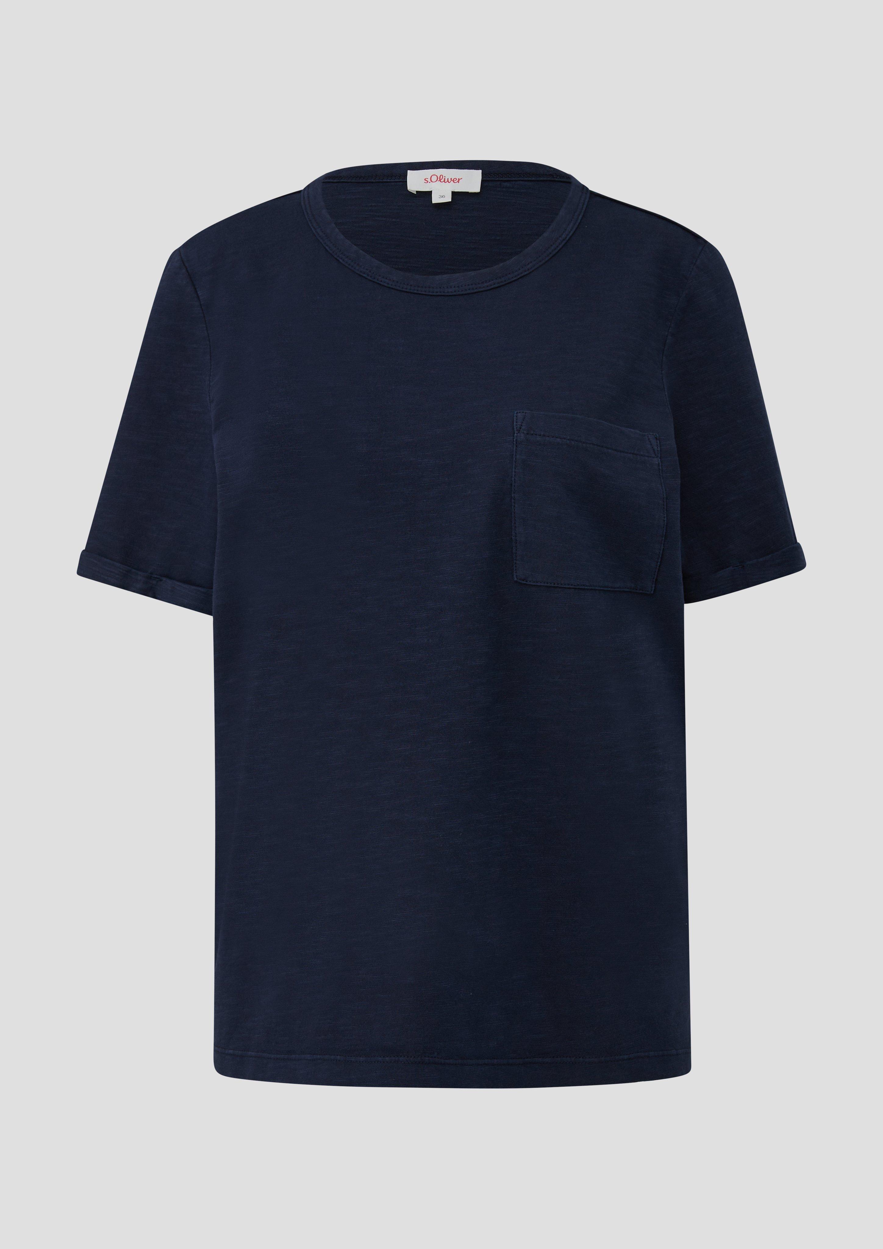 s.Oliver - Meliertes T-Shirt mit fixiertem Ärmel-Umschlag und Brusttasche, Damen, blau