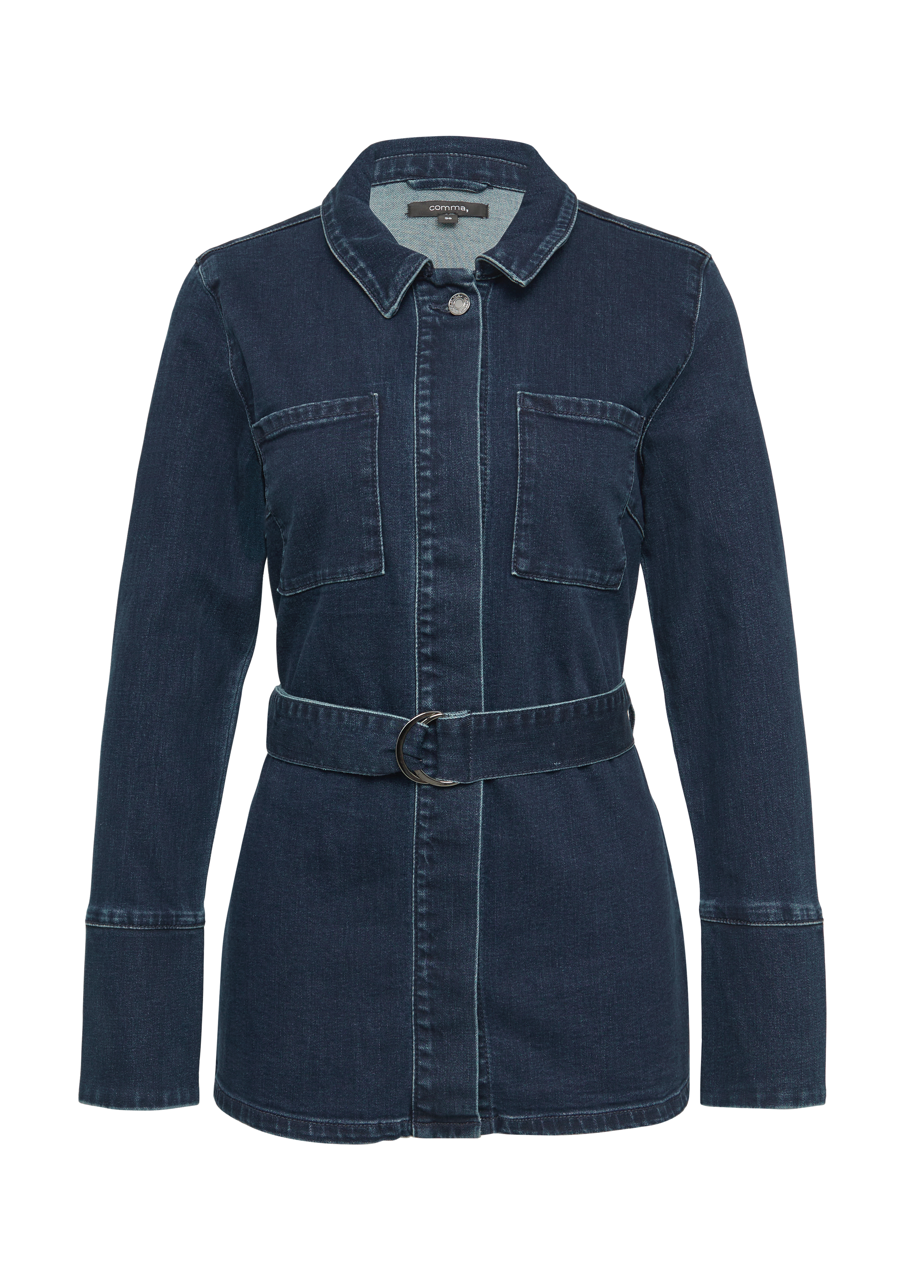 Elegant denim jacket with turn-down collar and tie belt