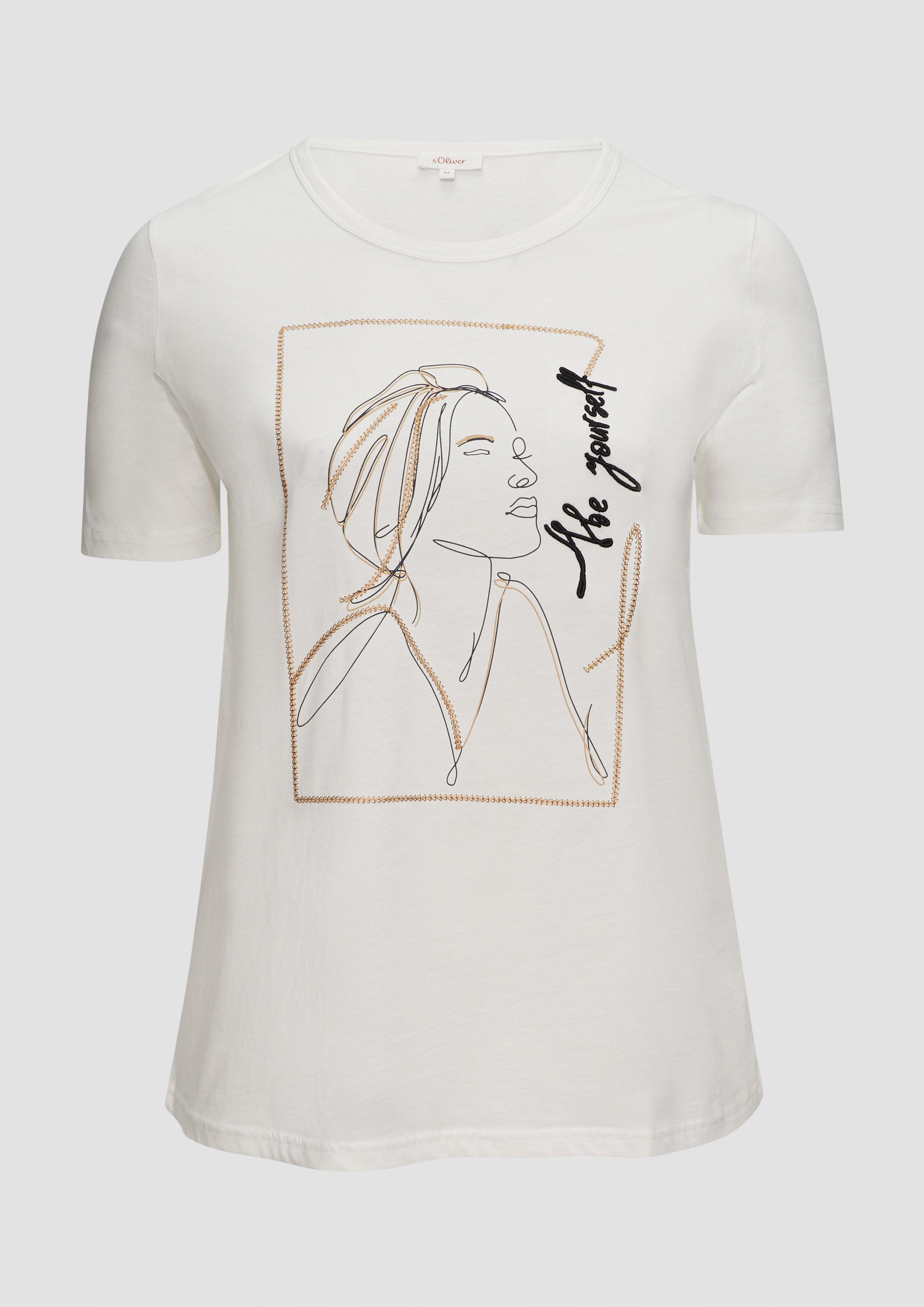 s.Oliver - T-Shirt mit Stickerei-Artwork, Damen, creme