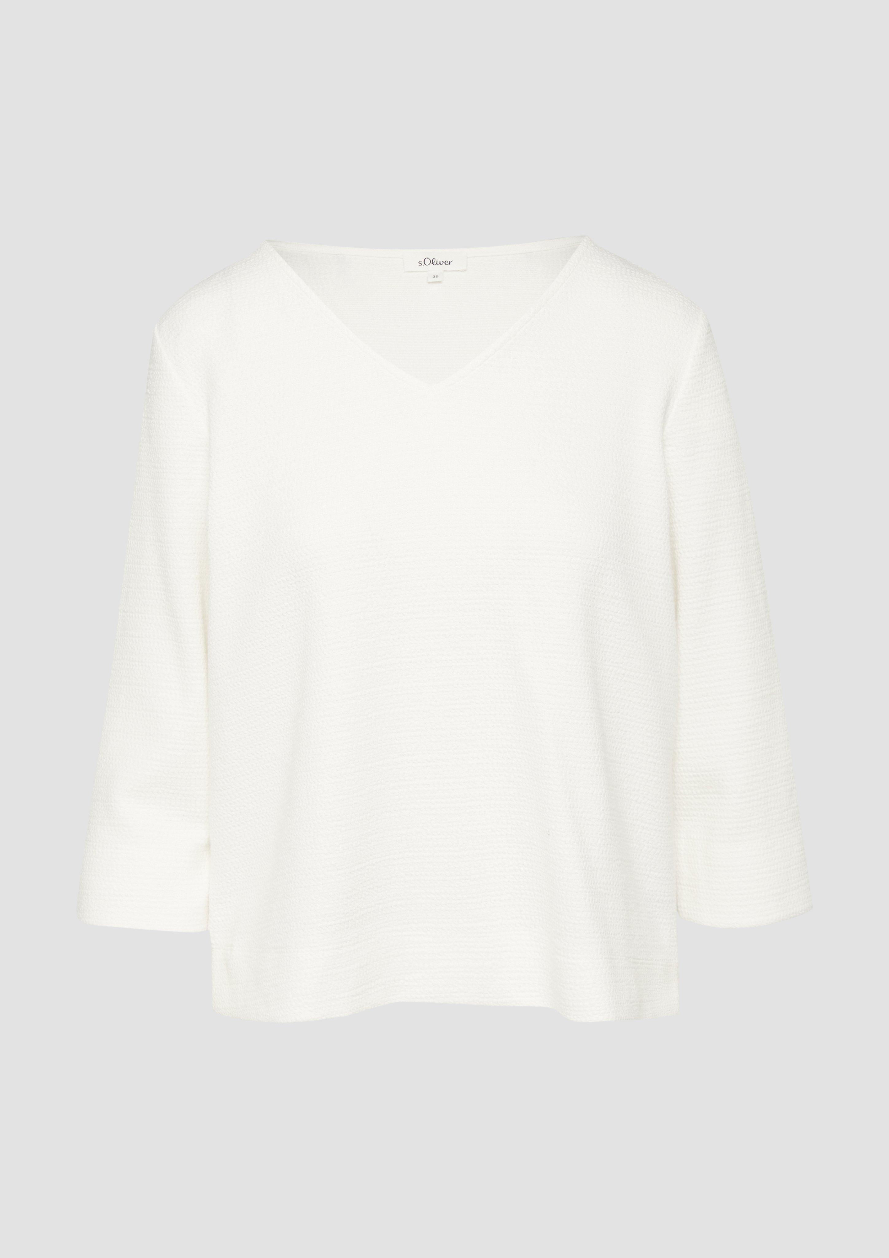 s.Oliver - Strukturiertes Jersey-Sweatshirt mit V-Ausschnitt und 3/4-Ärmeln, Damen, creme