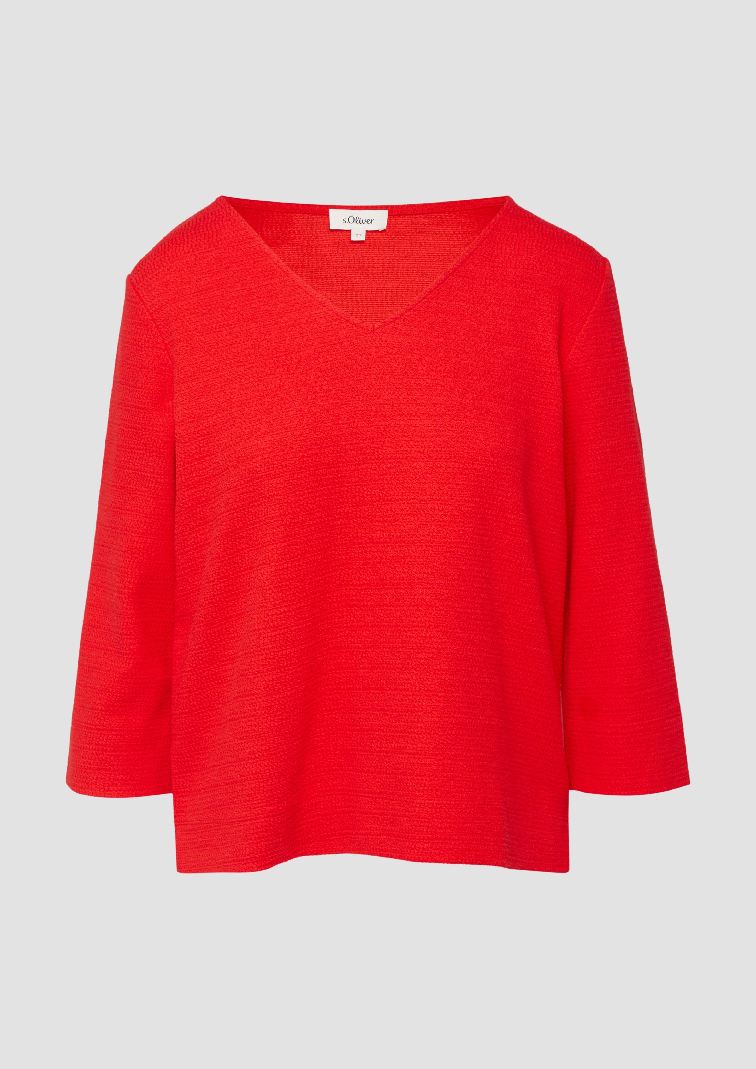 s.Oliver - Strukturiertes Jersey-Sweatshirt mit V-Ausschnitt und 3/4-Ärmeln, Damen, rot